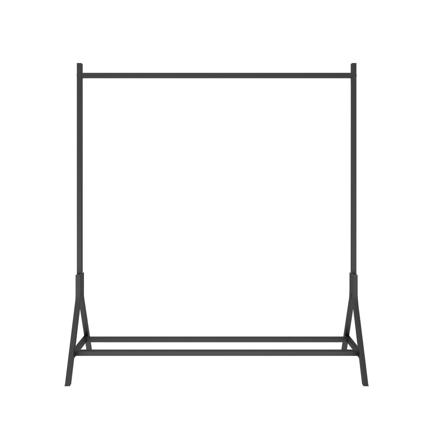 Minimalist black metal garment rack with Aframe legs perfect for boutique clothing display