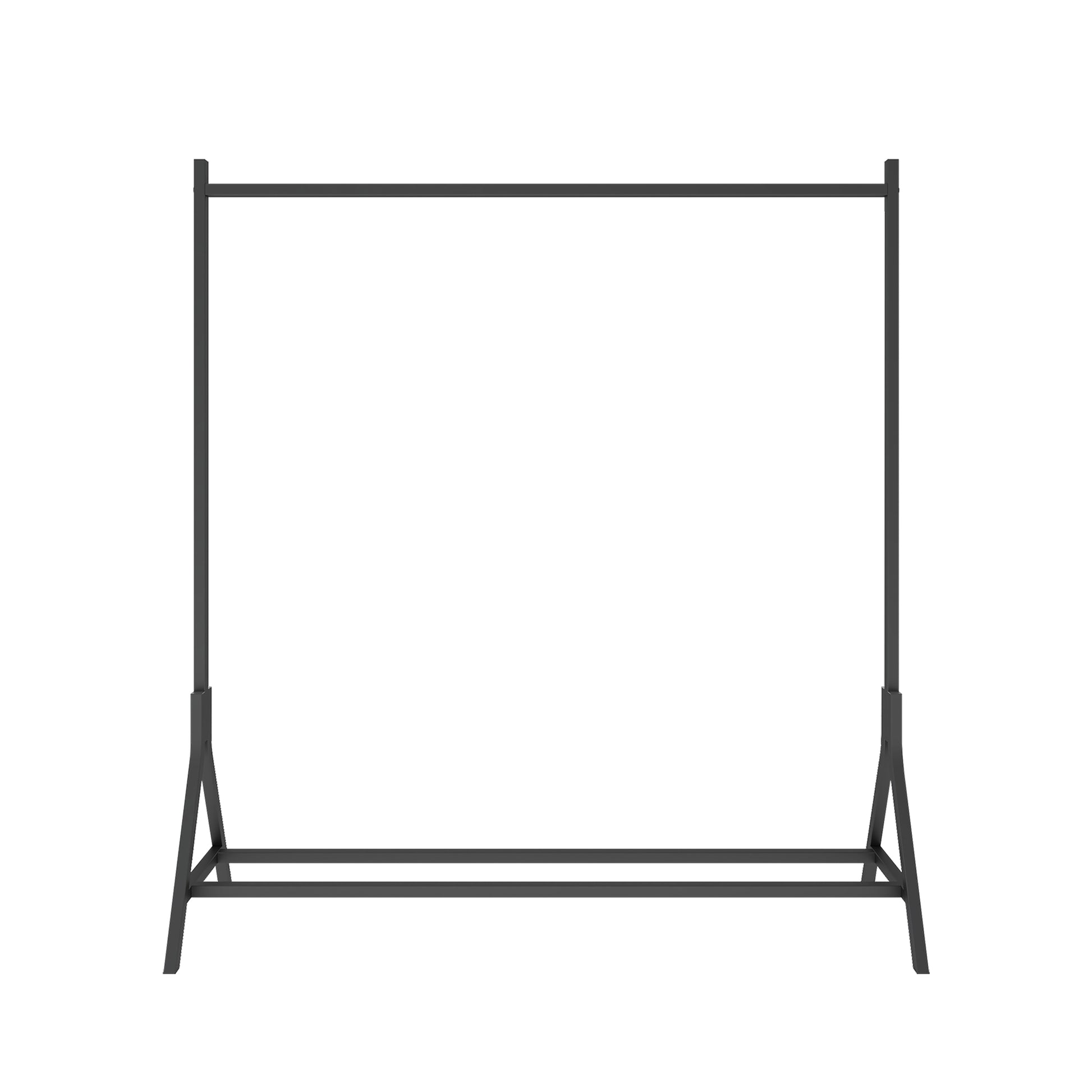 Minimalist black metal garment rack with Aframe legs perfect for boutique clothing display