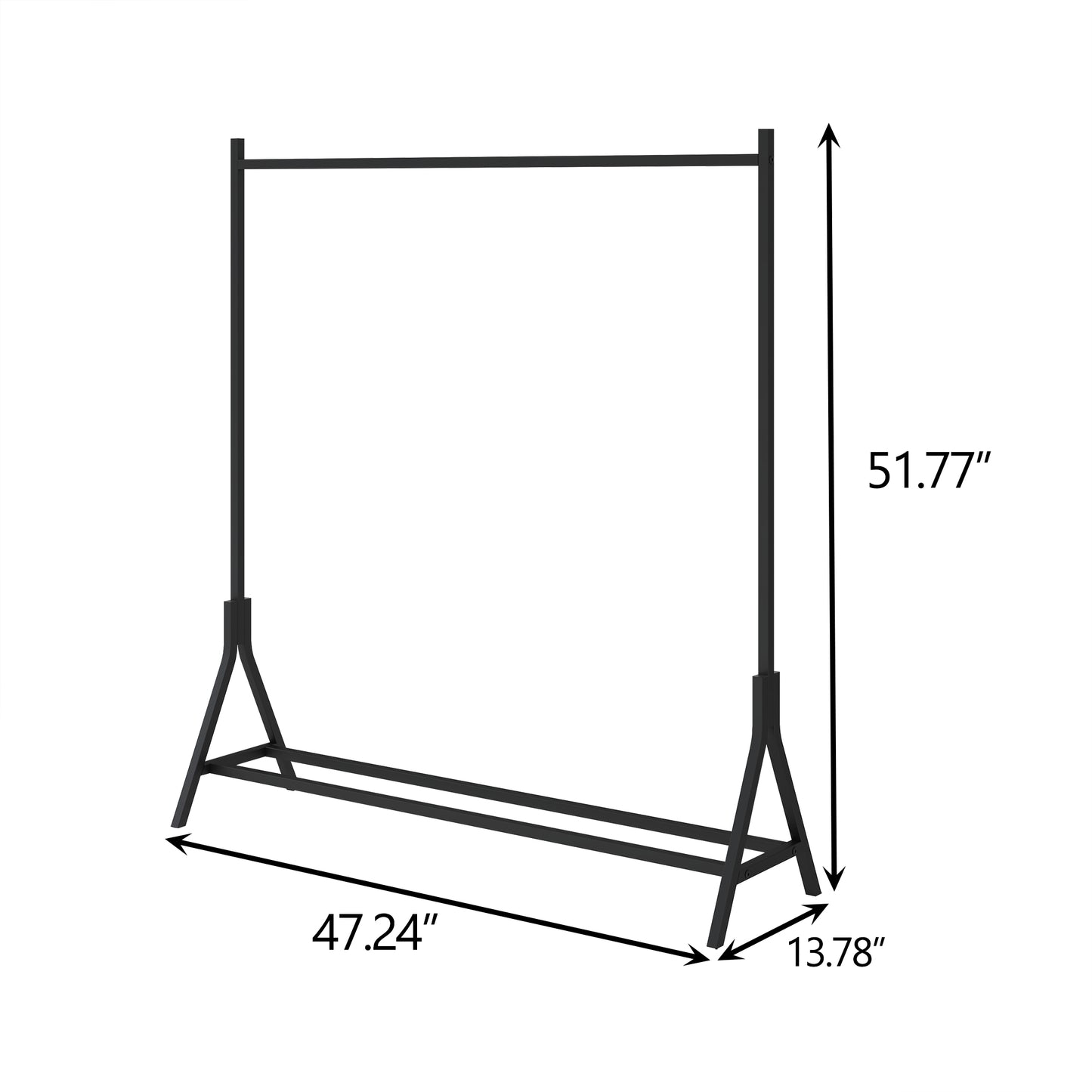 Black metal garment rack with Aframe legs and bottom shelf