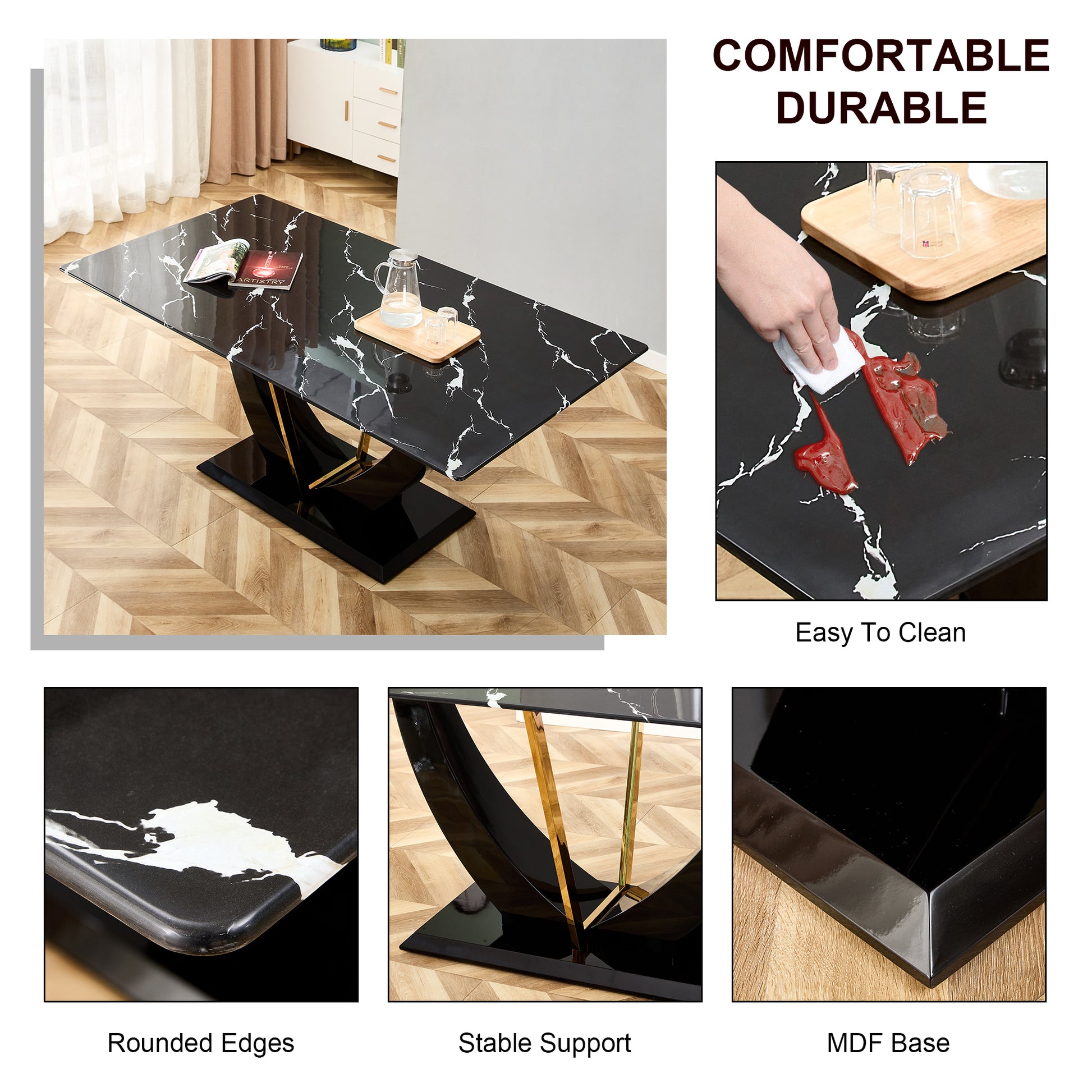 Black marble dining table with gold accents and black base
