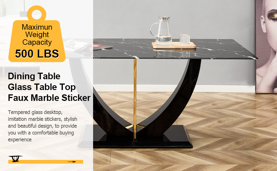Black dining table with faux marble glass top and curved chrome base