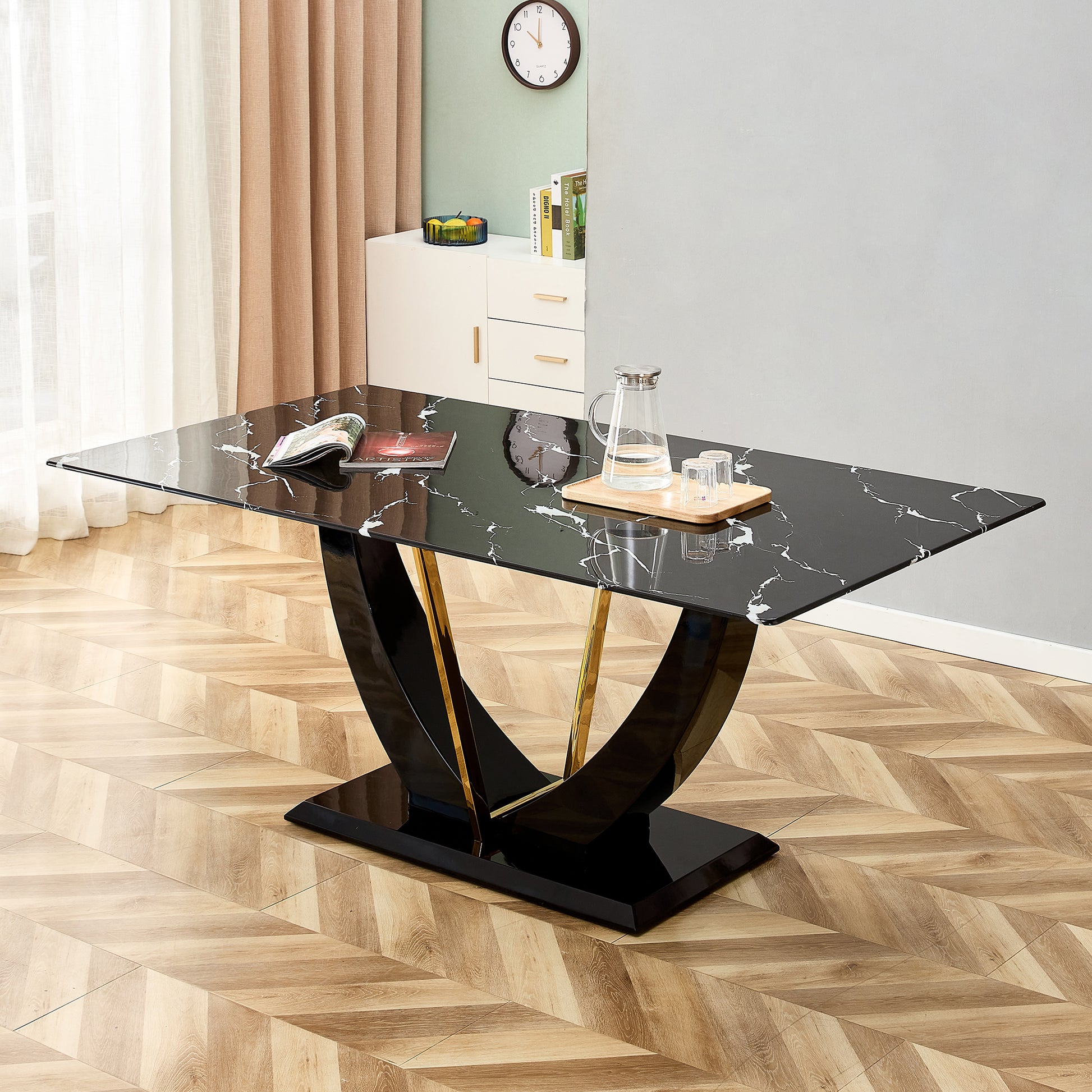 Rectangular black marble dining table with gold accents perfect for modern kitchens