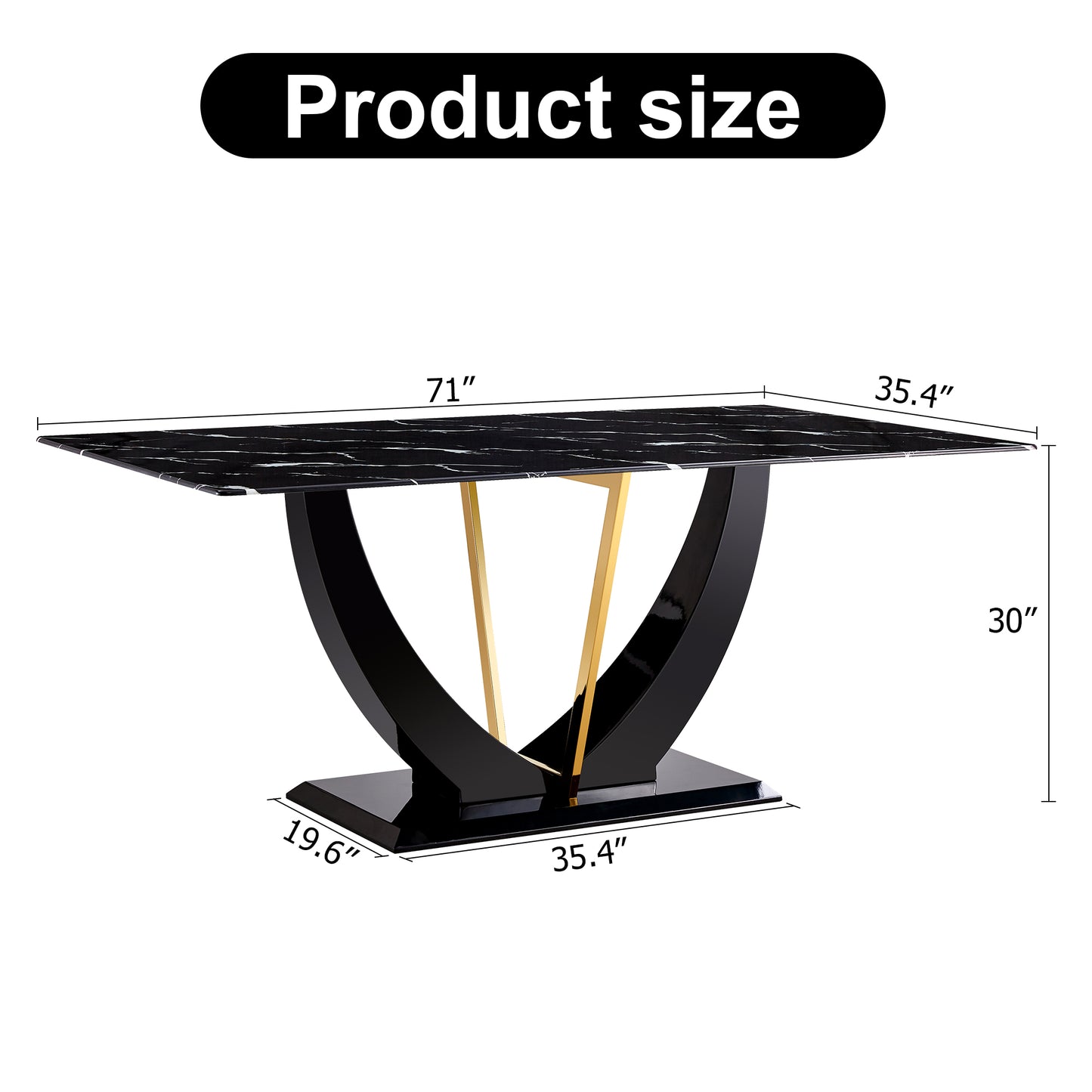 Black marble dining table with gold accents and curved base