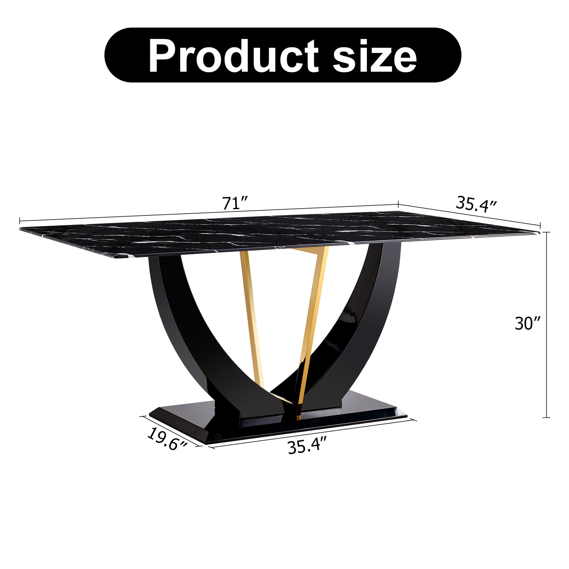 Black marble dining table with gold accents and curved base