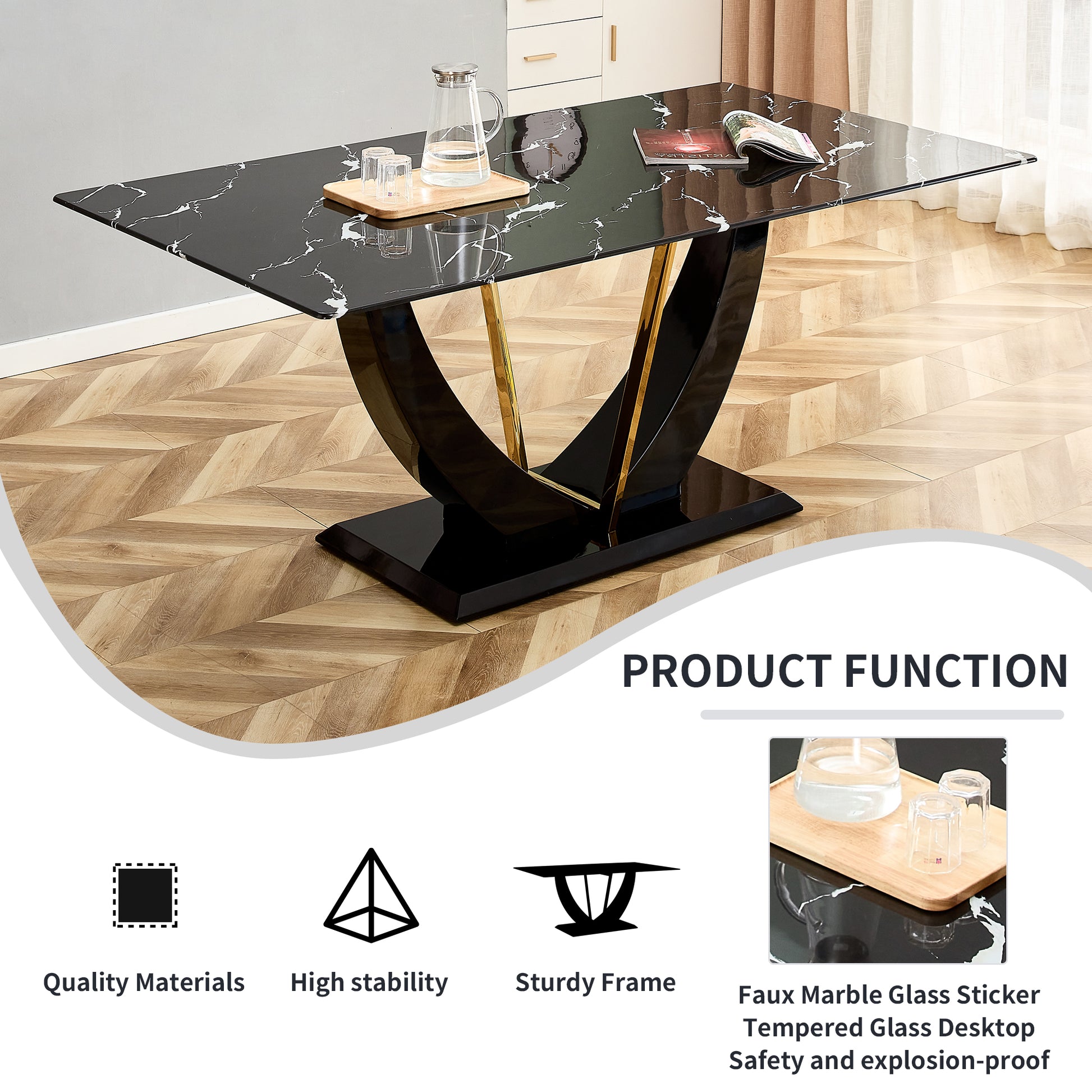 Black faux marble dining table with gold Ushaped pedestal base