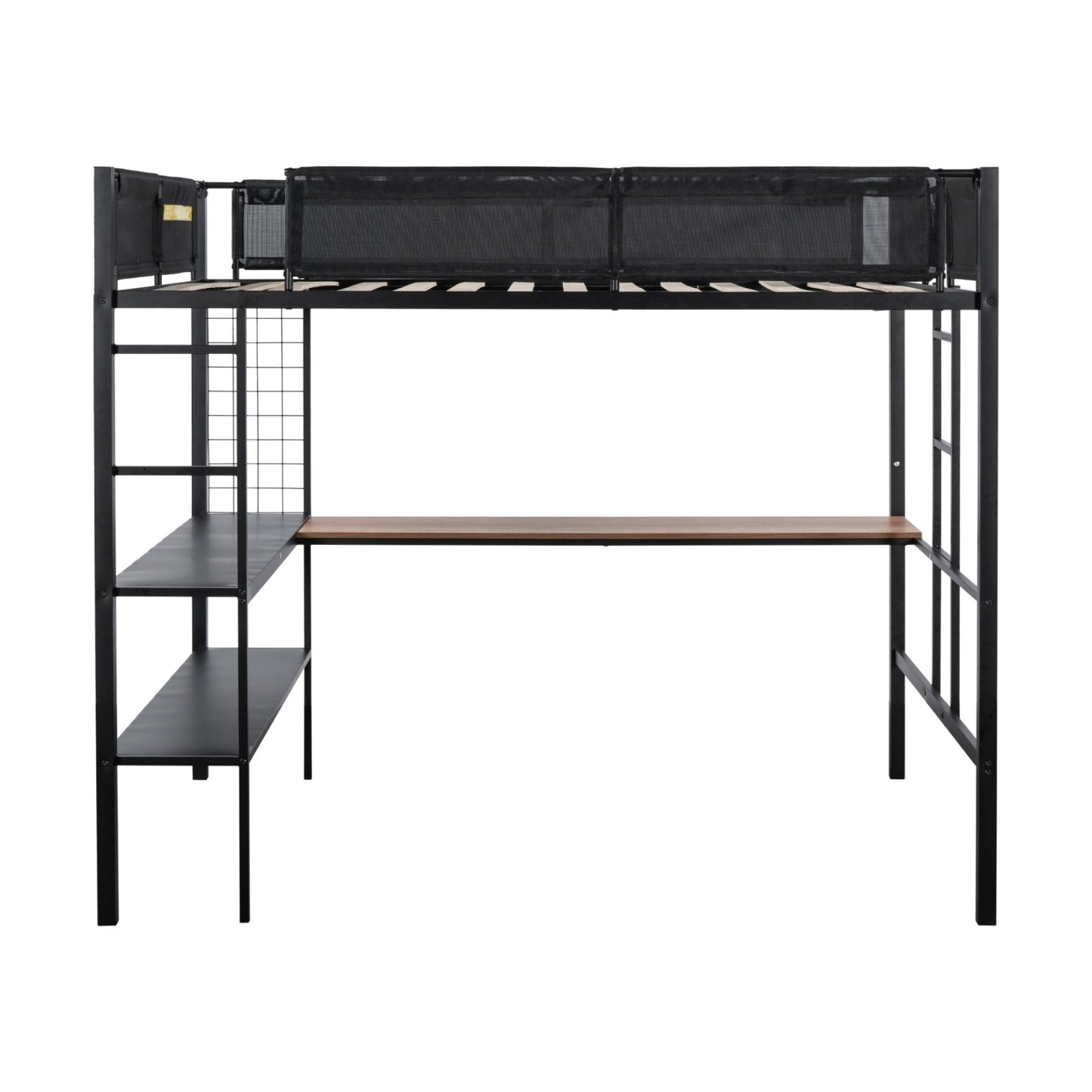 Black metal loft bed with desk and shelves