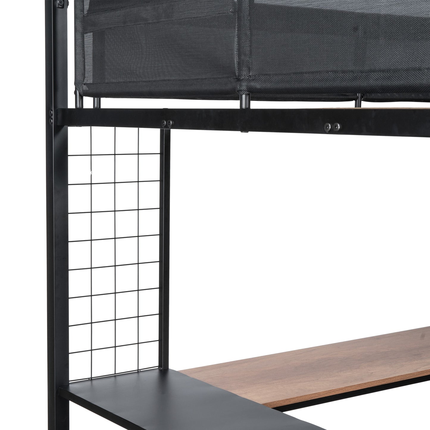 Black mesh storage bin on a black metal frame
