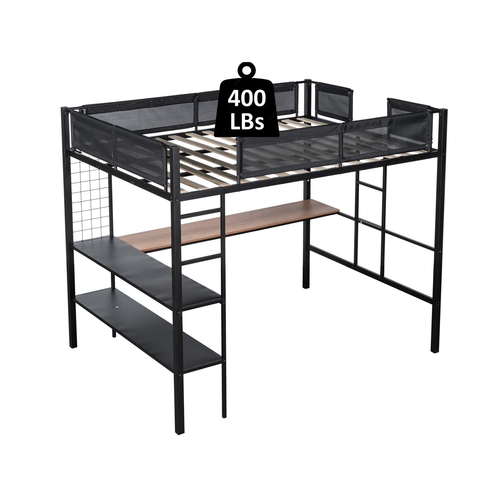 Black metal loft bed with desk and shelves