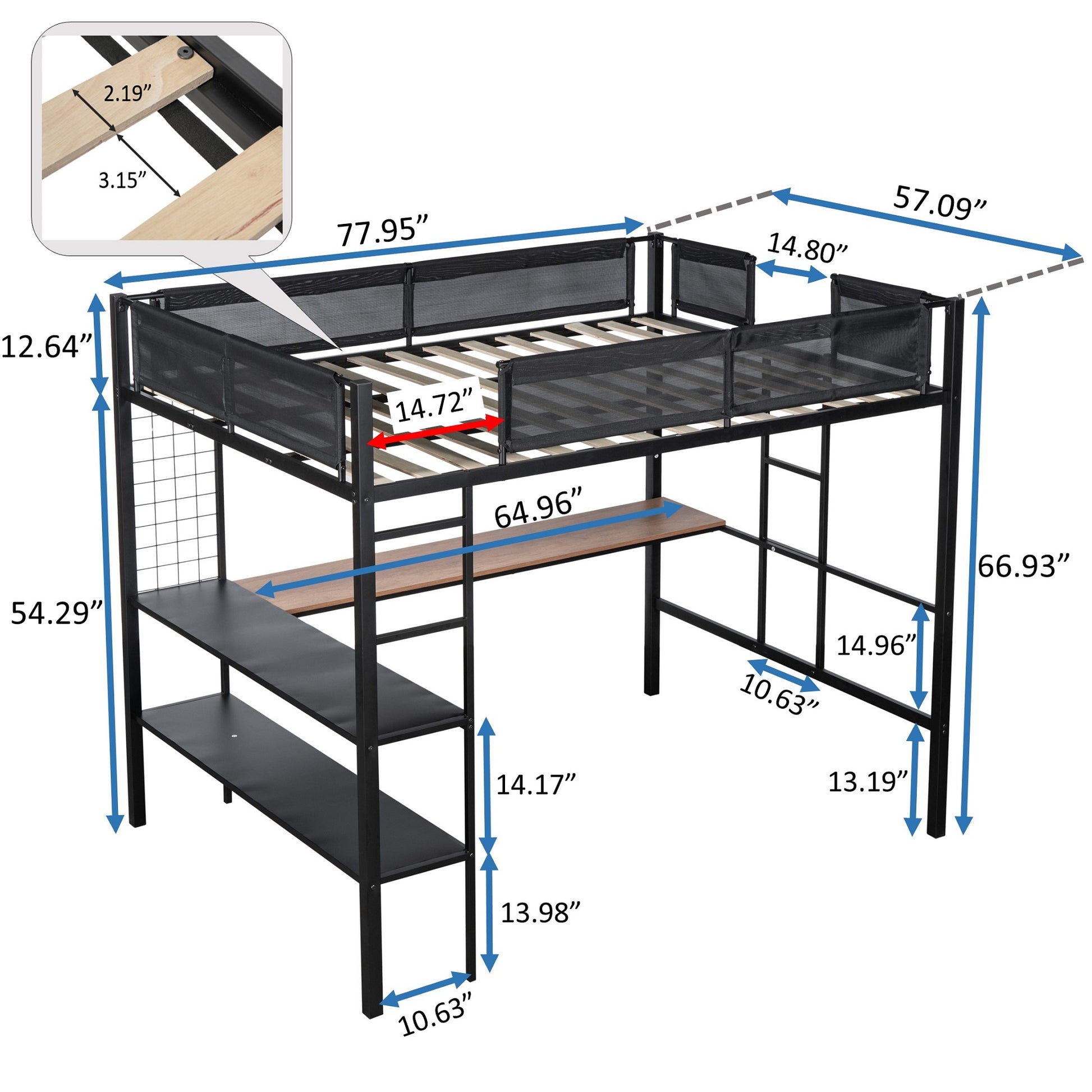 Black metal loft bed with desk and shelves