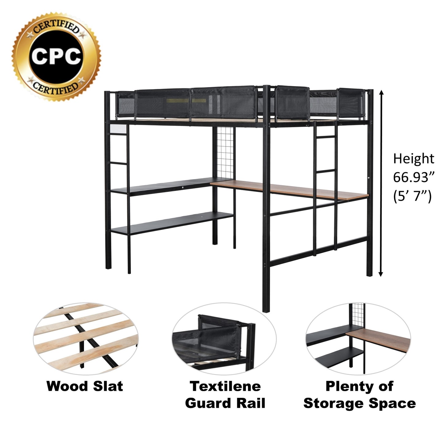 Black metal loft bed with builtin desk and shelves
