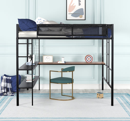 Black metal loft bed with integrated desk and shelving