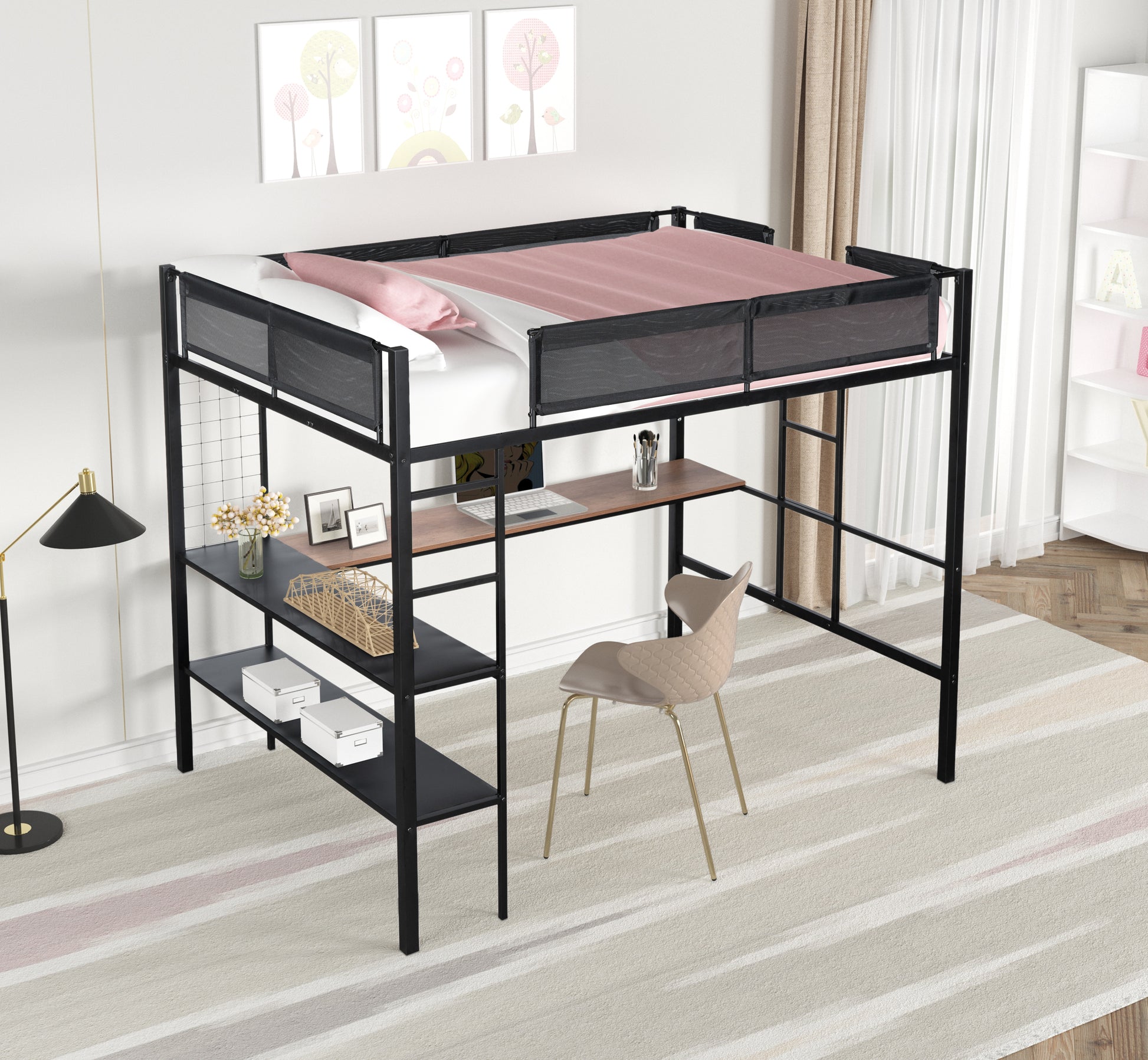 Black metal loft bed with integrated desk and shelving