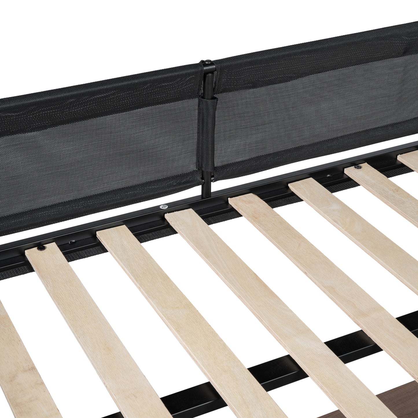 Black metal bed frame with natural wood slats