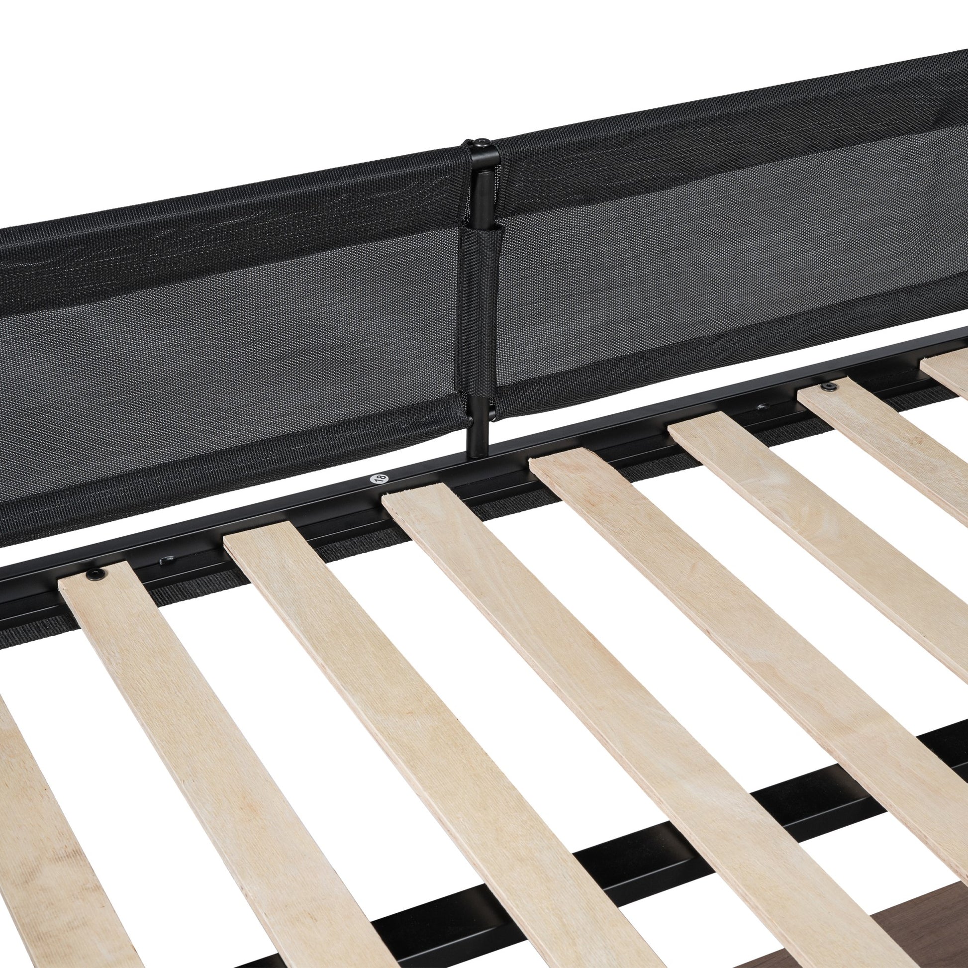 Black metal bed frame with natural wood slats