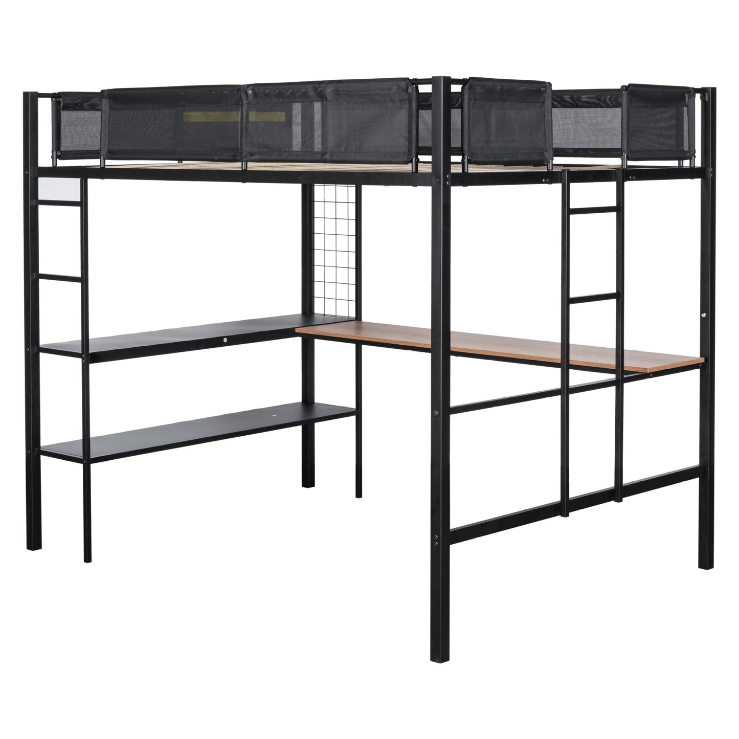 Black metal loft bed with desk and shelves