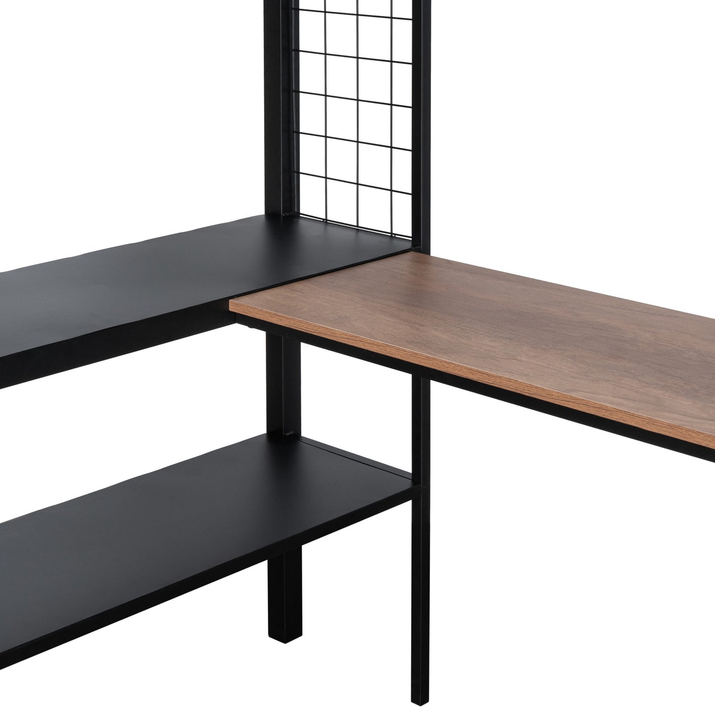 Modern Lshaped desk with black metal frame and walnut finish
