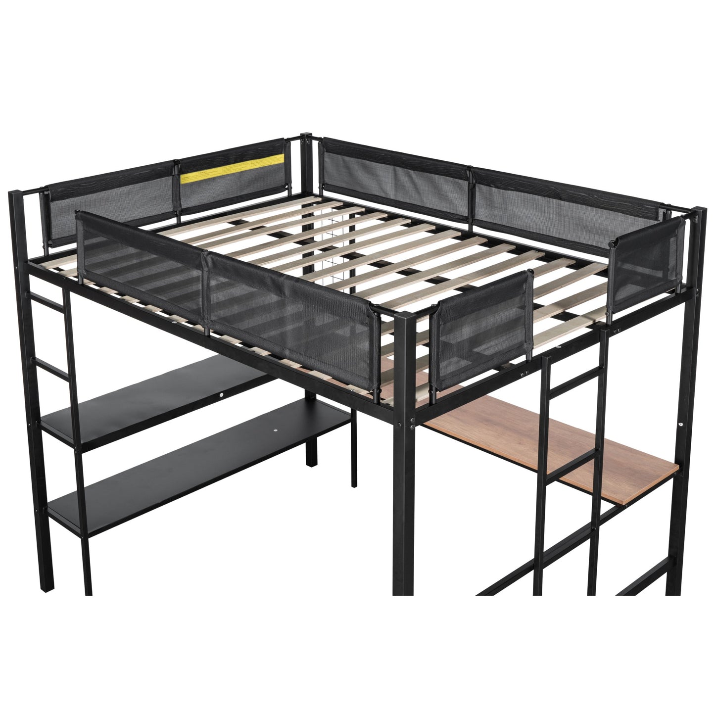 Black metal loft bed with guardrails and integrated ladder