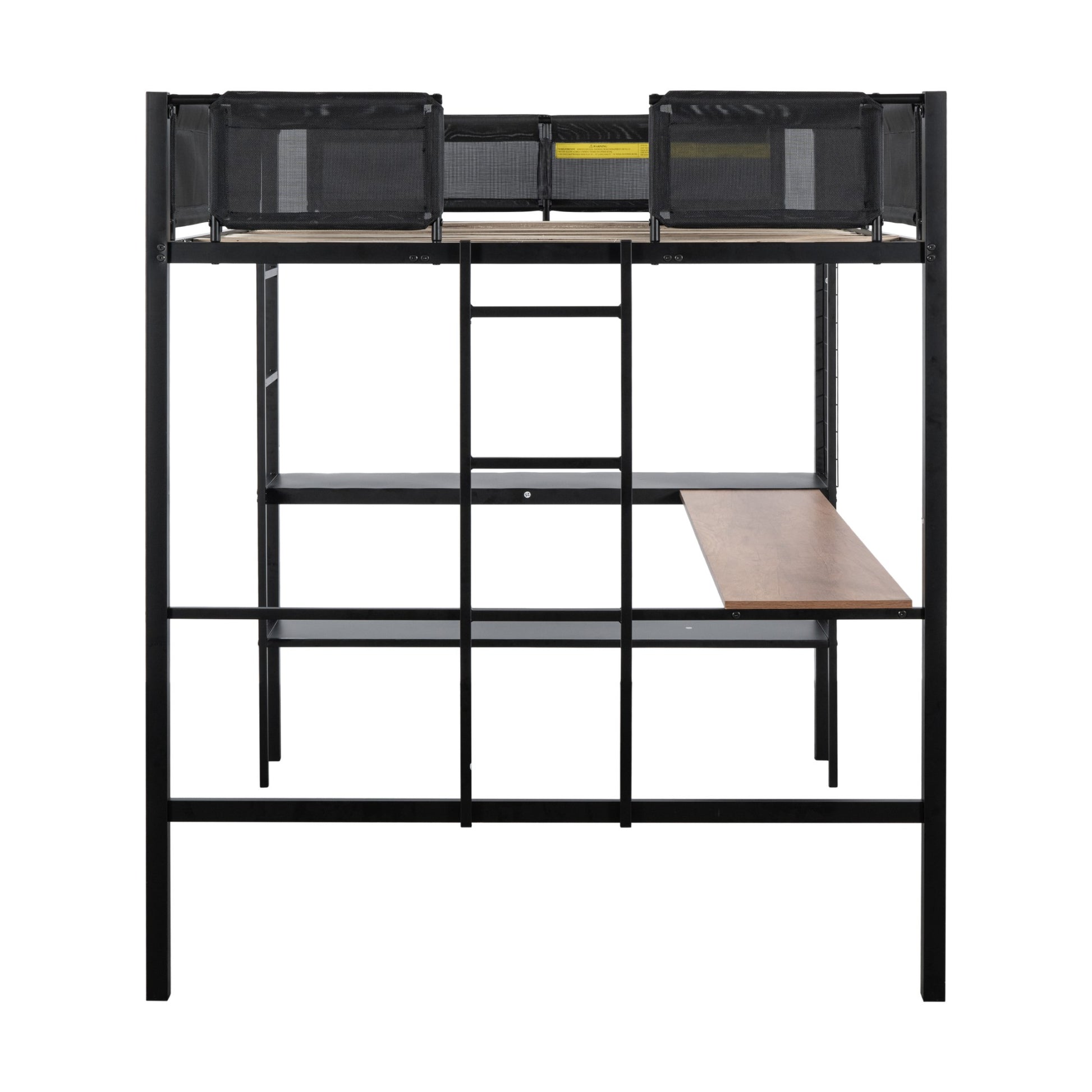 Black metal loft bed with builtin desk and storage shelves