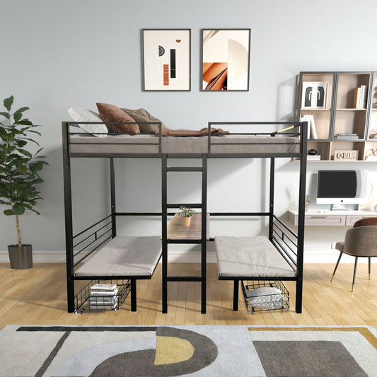Black metal twin over twin bunk bed with integrated desk and storage baskets