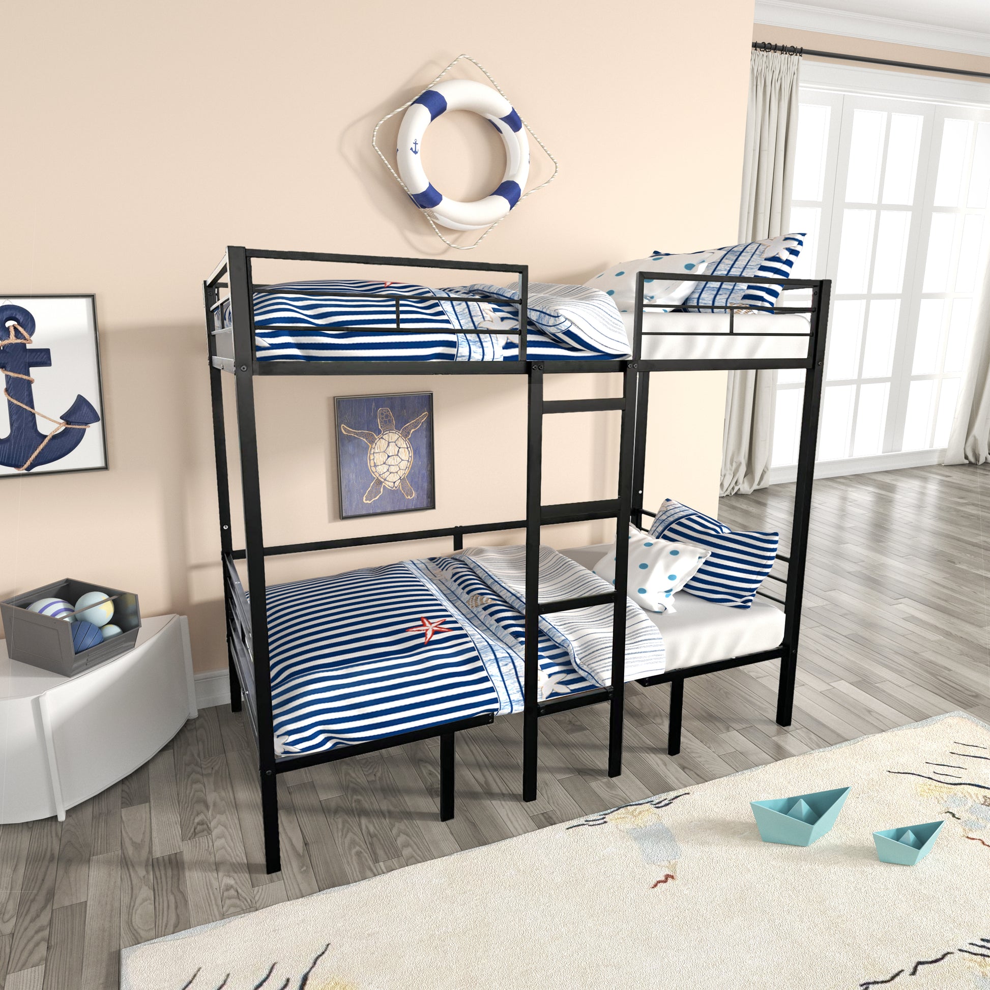 Black metal bunk bed with navy and white striped bedding