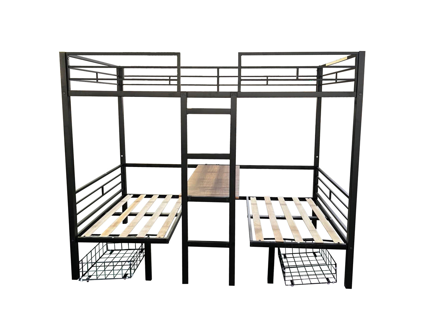 Black metal bunk bed with integrated desk and storage baskets