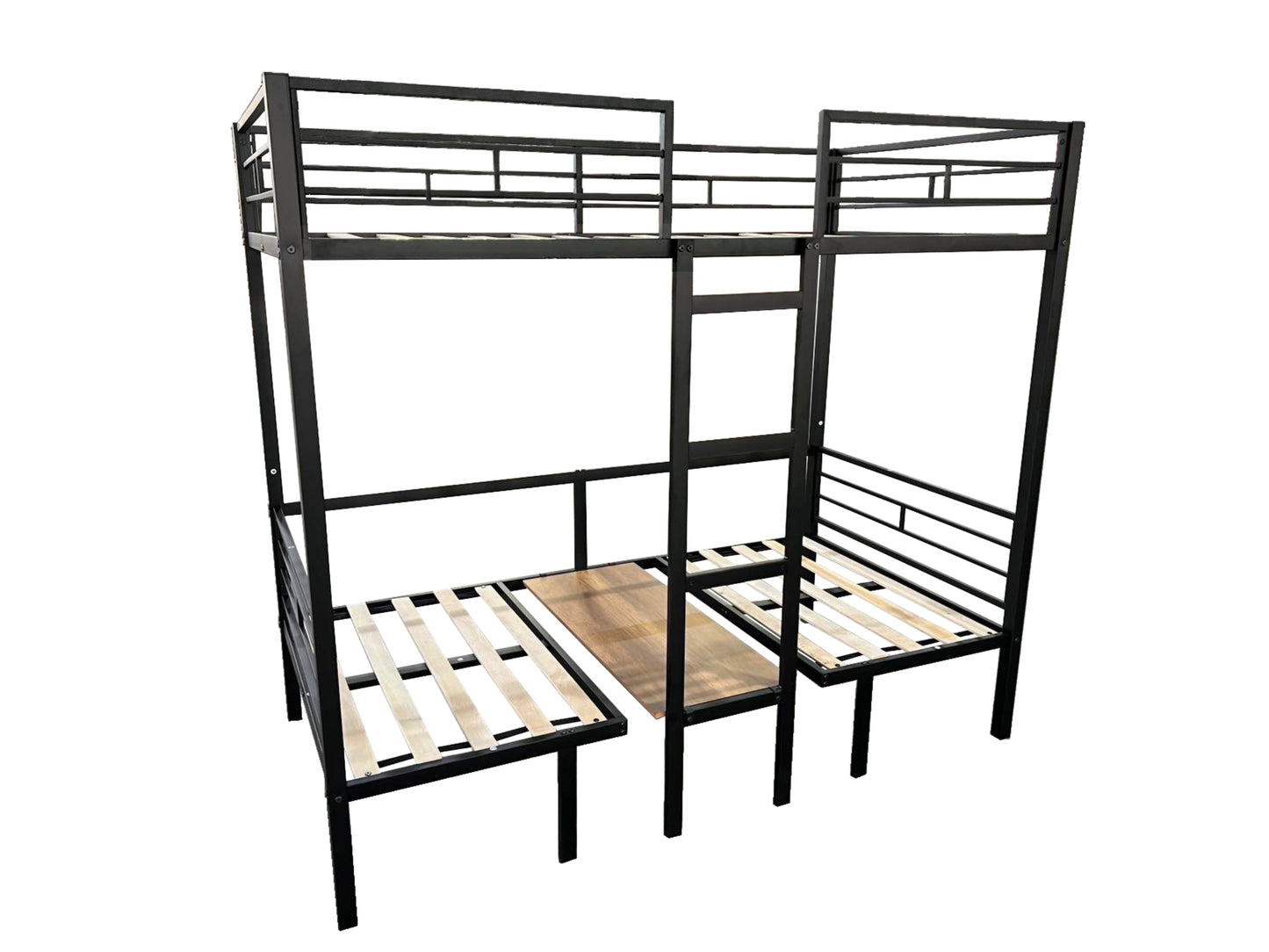 Black metal triple bunk bed with integrated desk