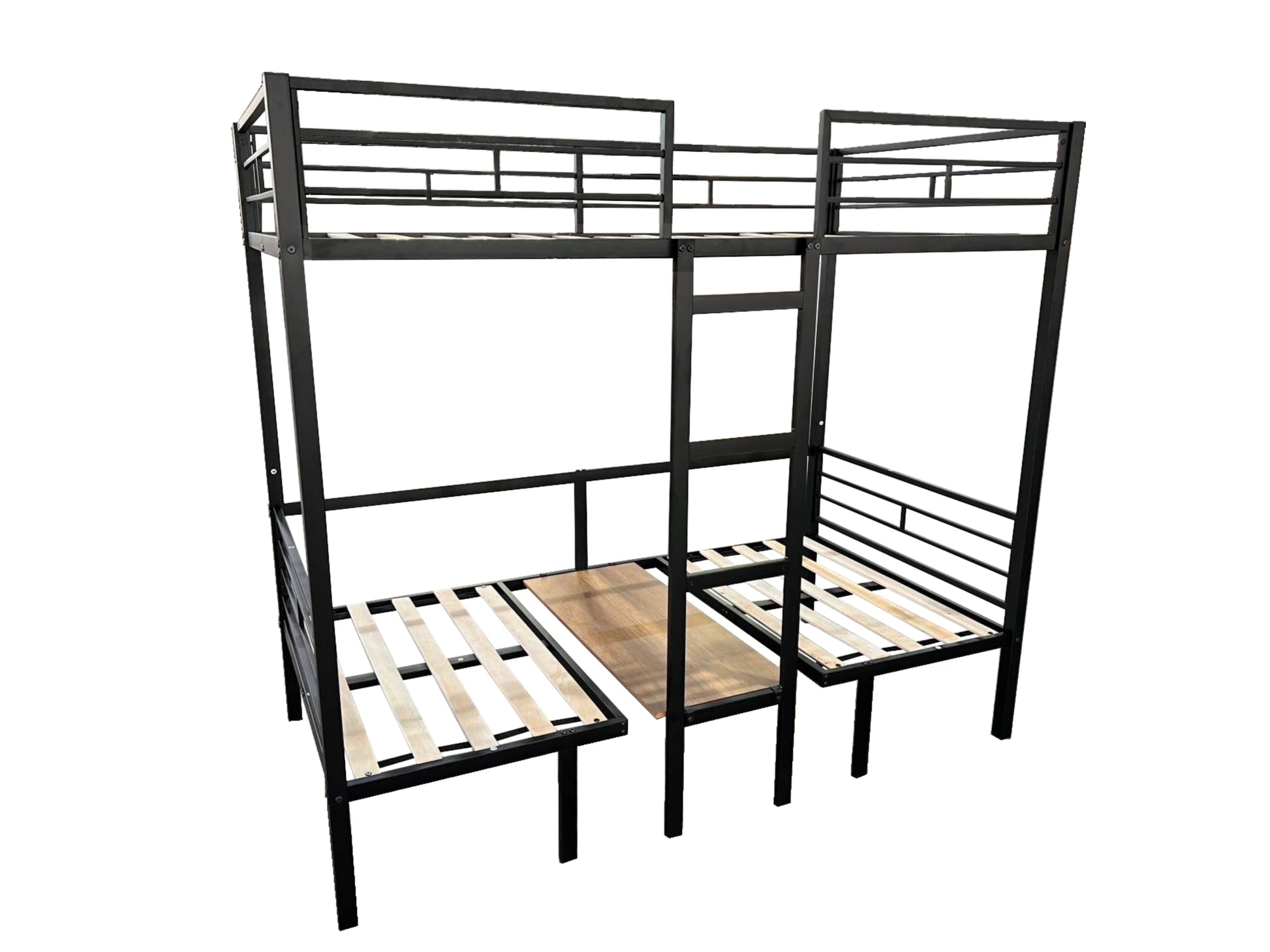 Black metal triple bunk bed with integrated desk