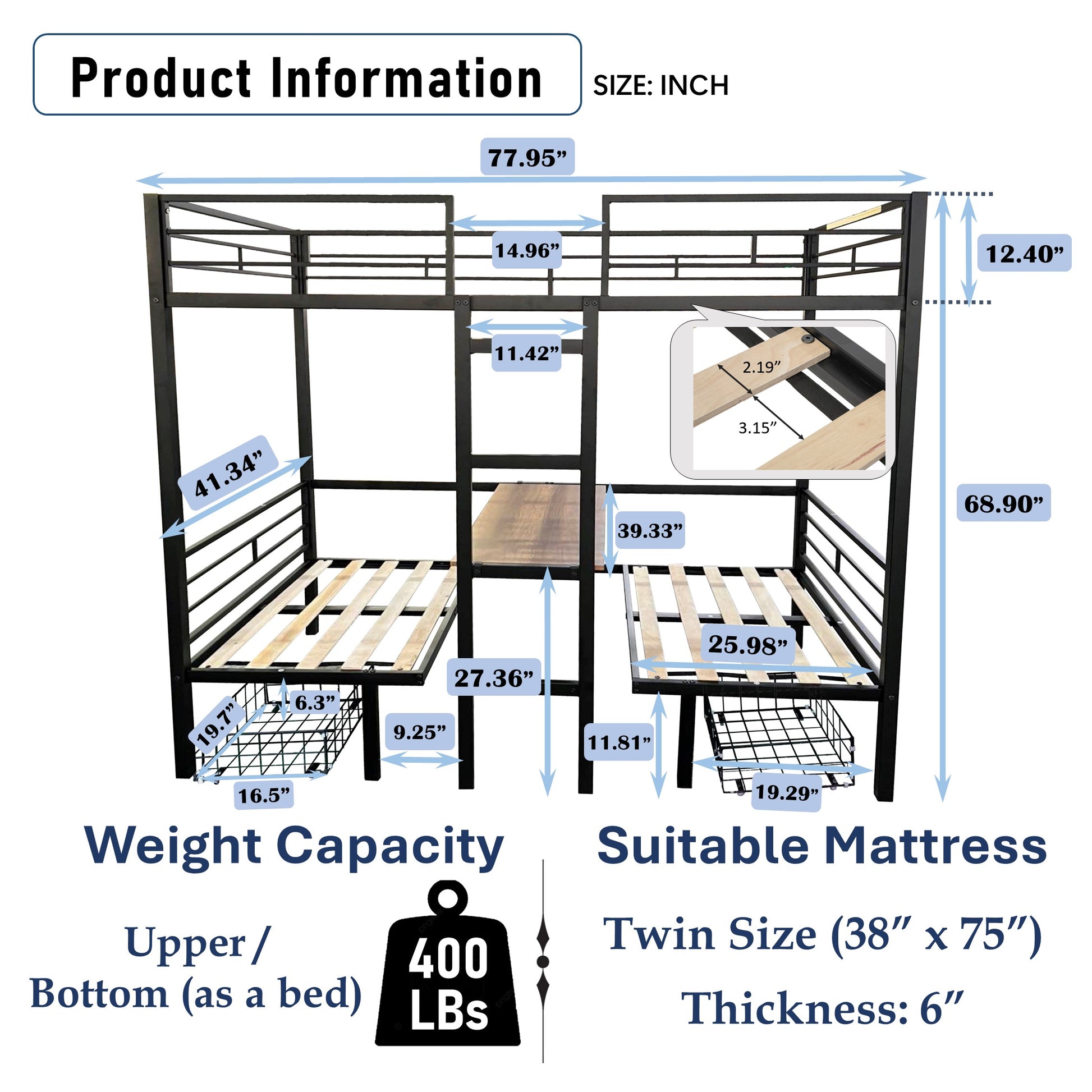 Black metal bunk bed with dimensions and weight capacity