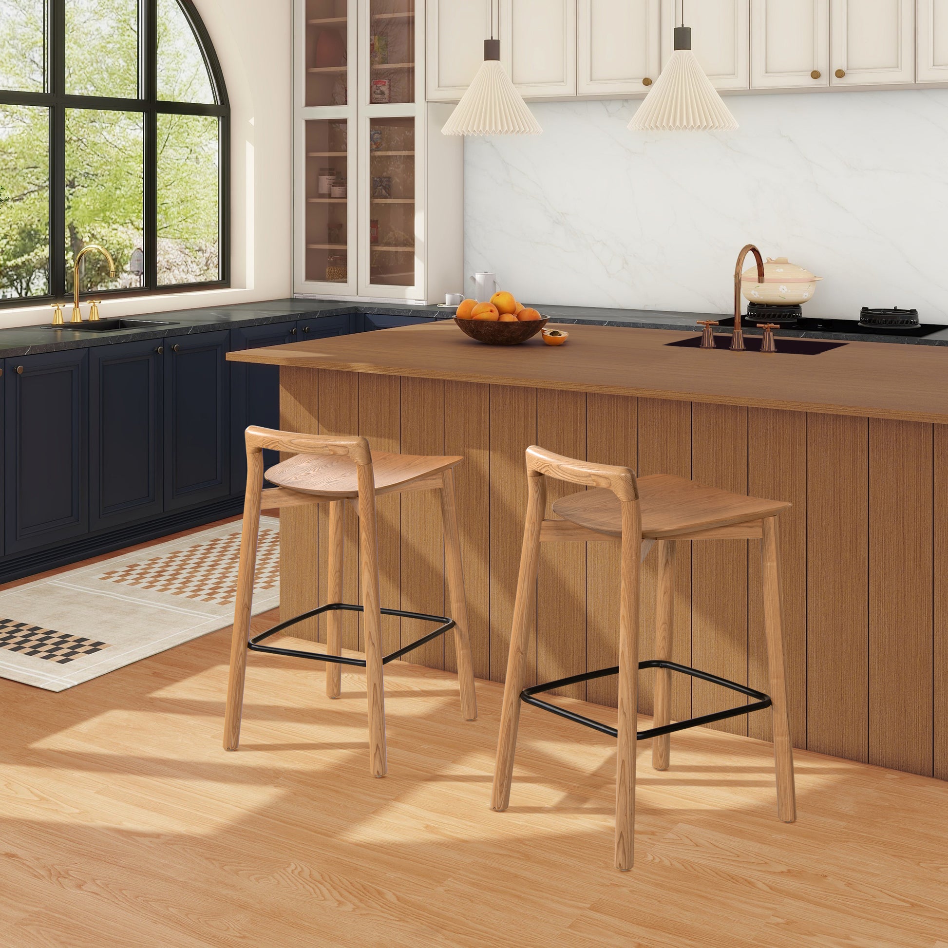 Natural wood kitchen bar stools with black metal footrests