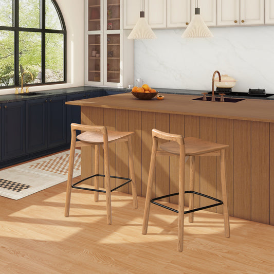 Natural wood kitchen bar stools with black metal footrests