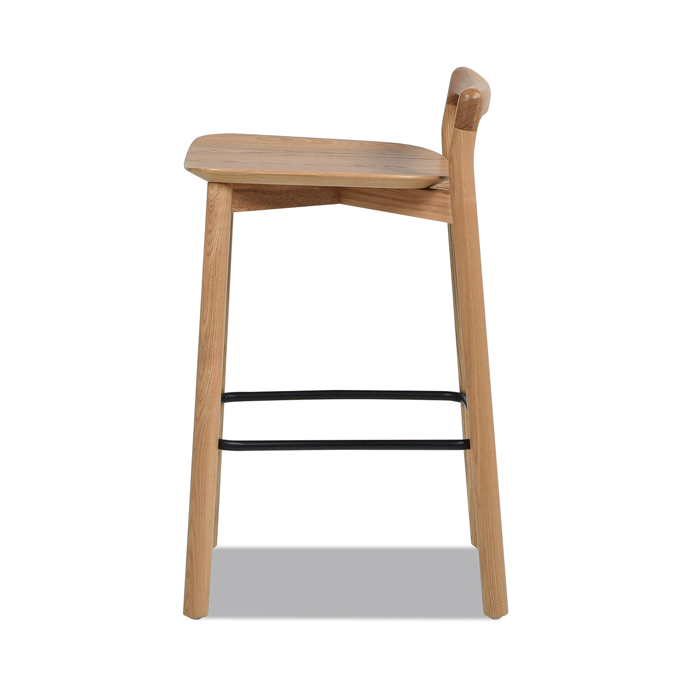 Natural wood bar stool with minimalist design and black footrest