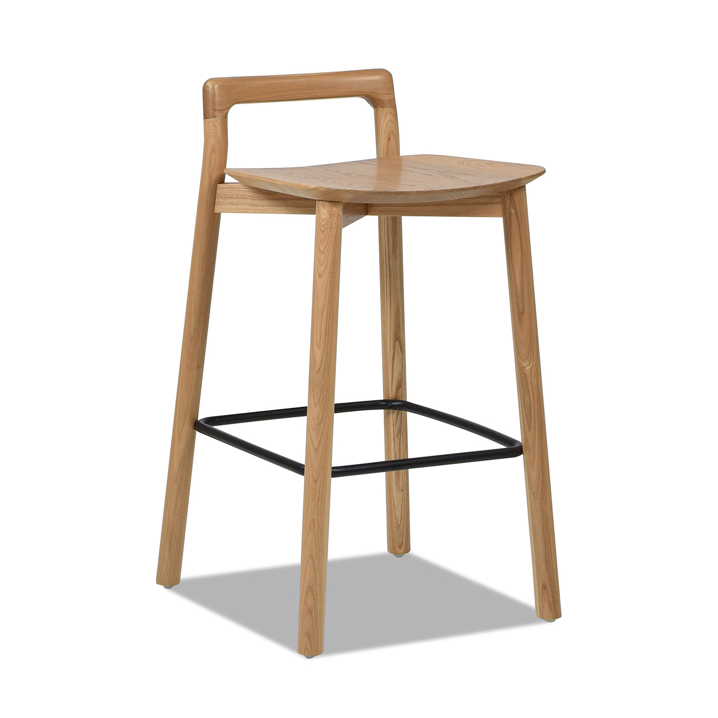 Modern wooden bar stool with natural finish and black footrest for kitchen island