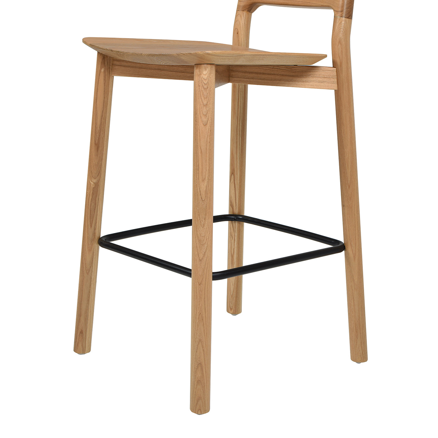Wooden bar stool with black metal footrest and curved backrest