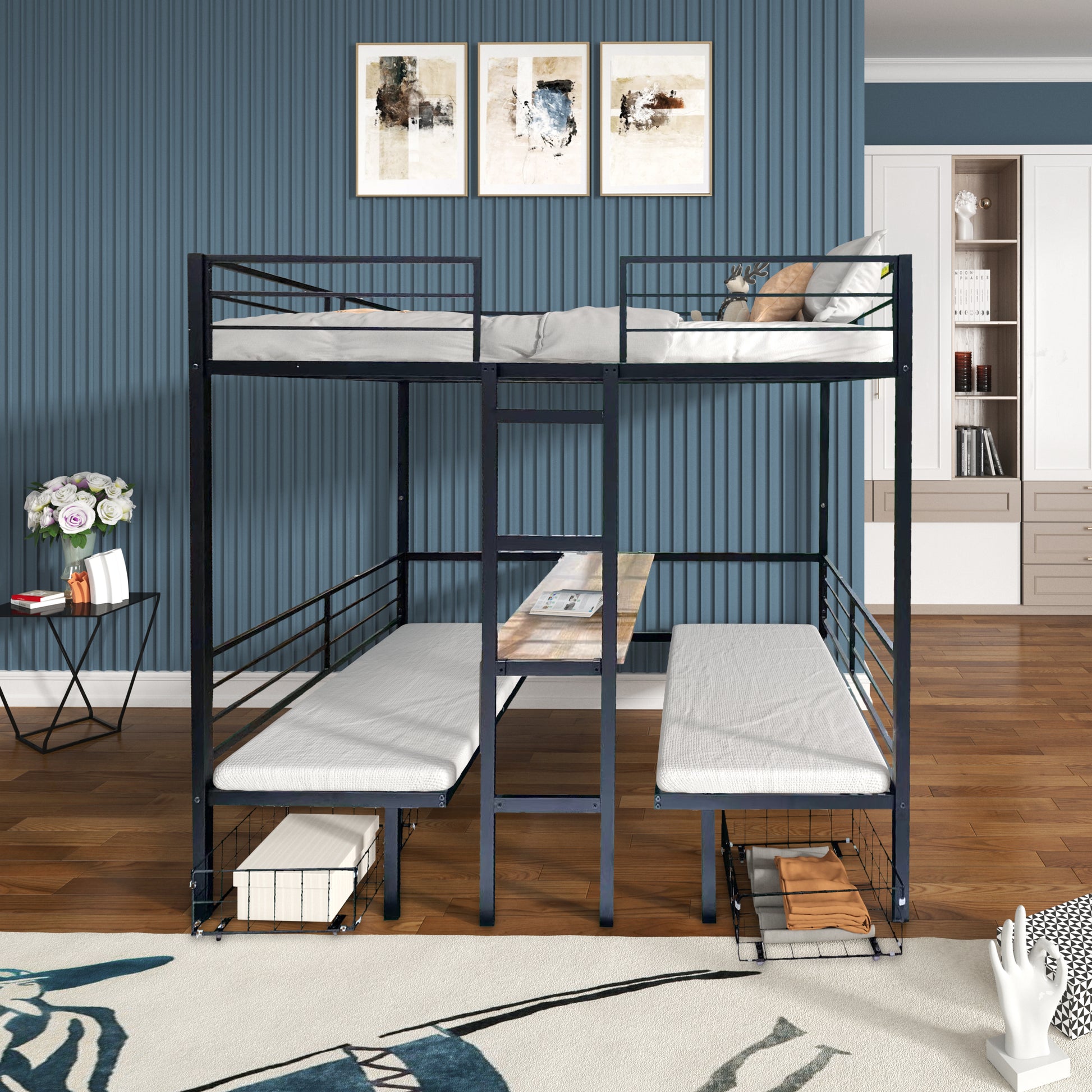 Black metal triple bunk bed with desks for kids room
