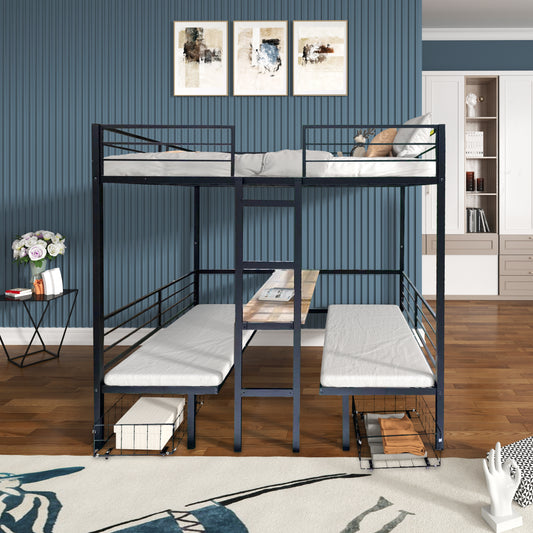 Black metal triple bunk bed with desks for kids room