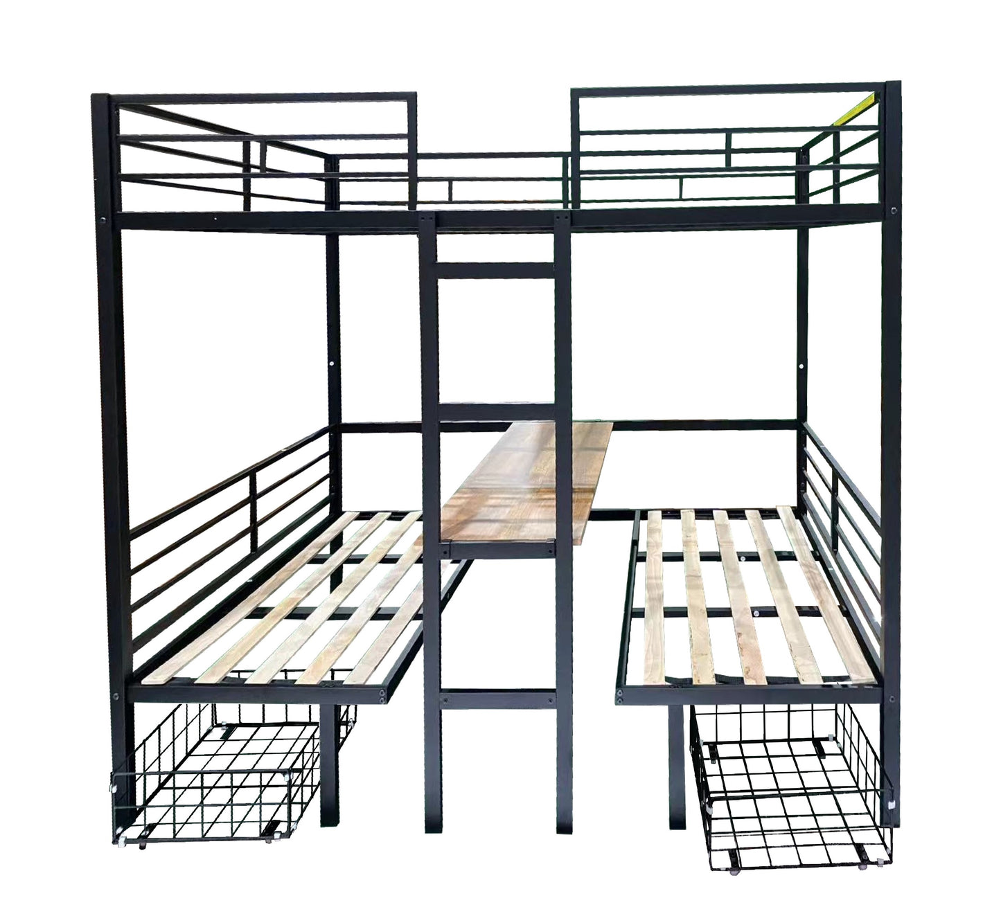 Black metal twin bunk bed with desk and storage baskets