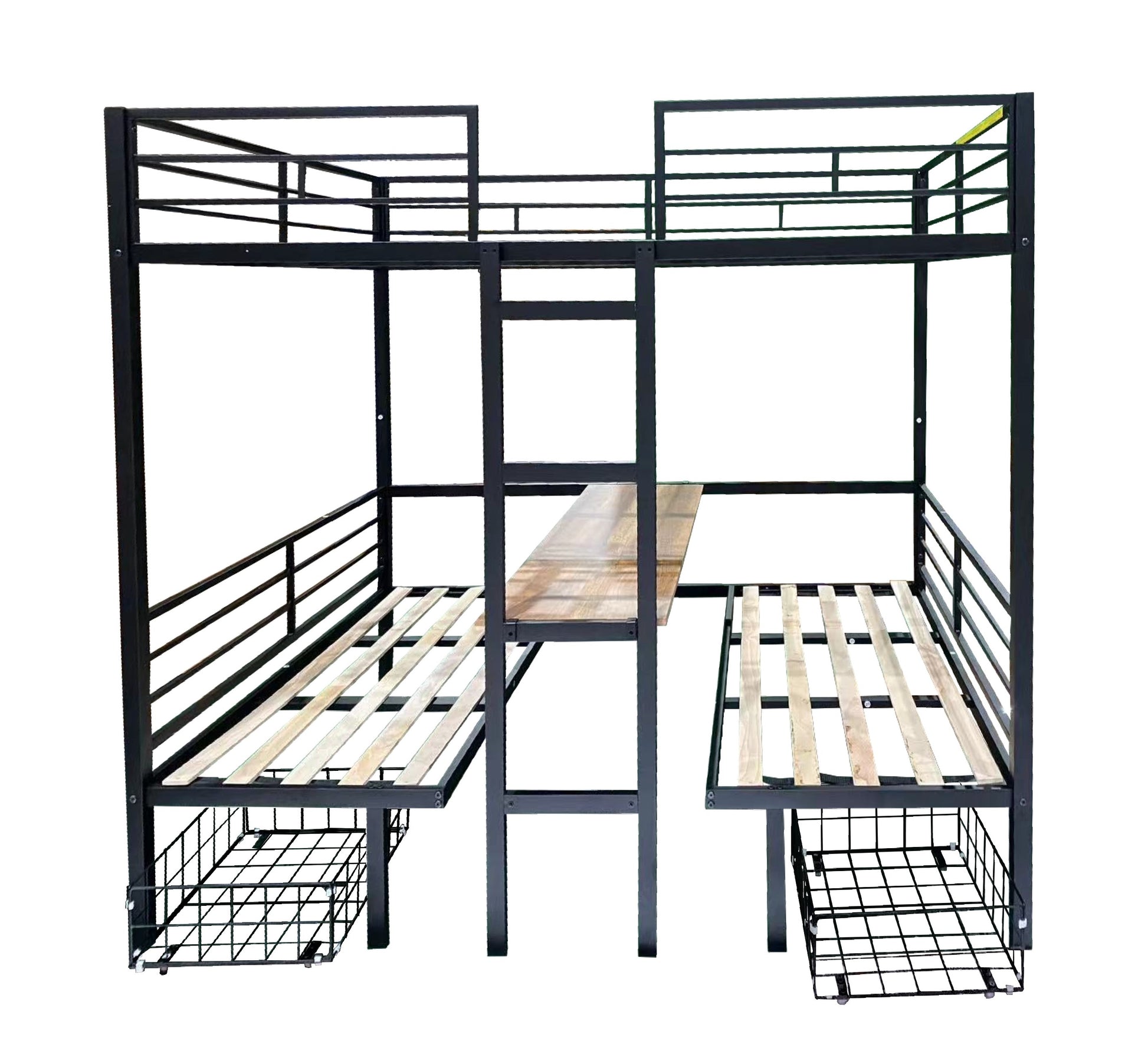 Black metal twin bunk bed with desk and storage baskets