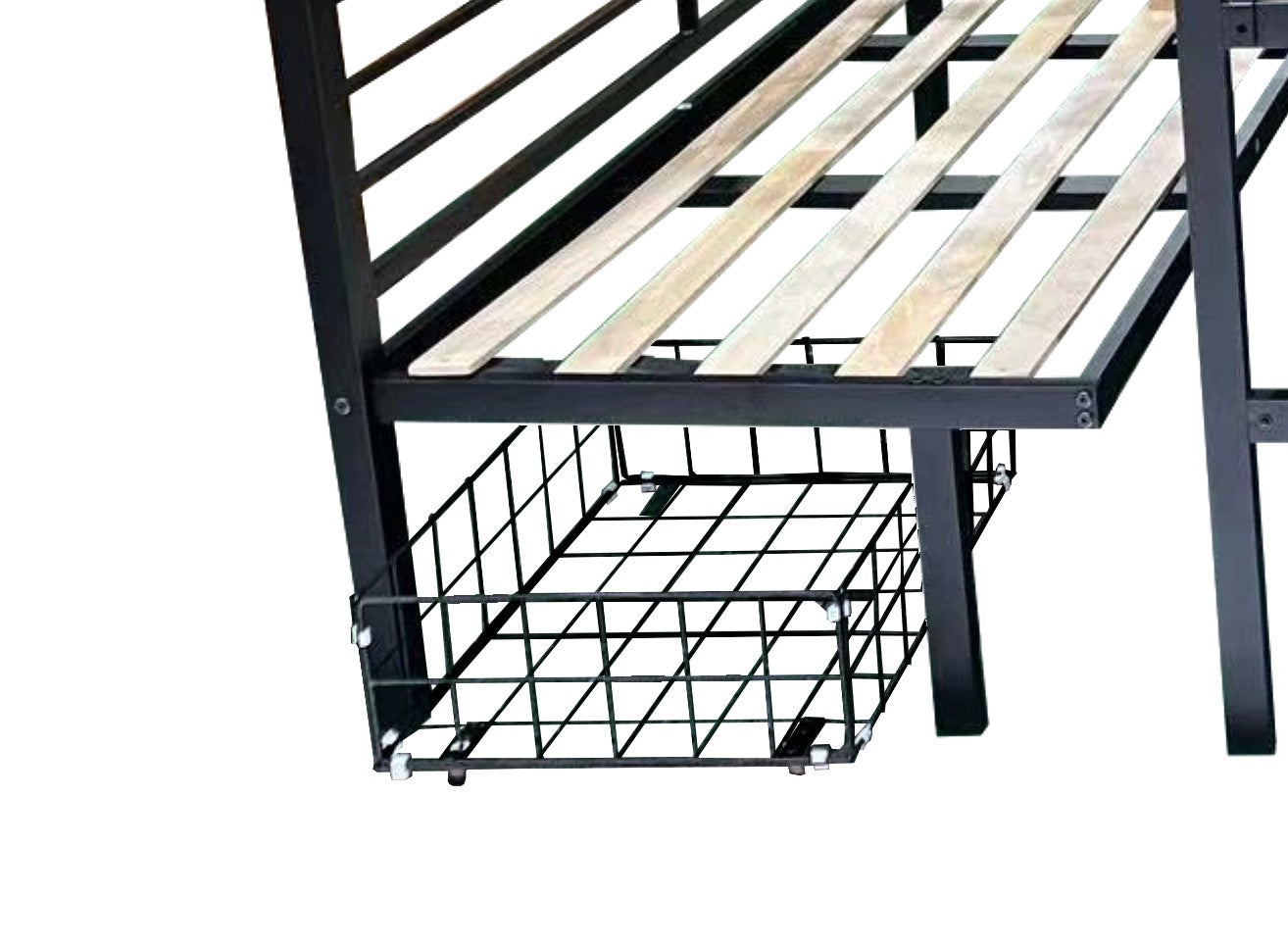 Black metal bed frame with wooden slats and attached wire storage basket