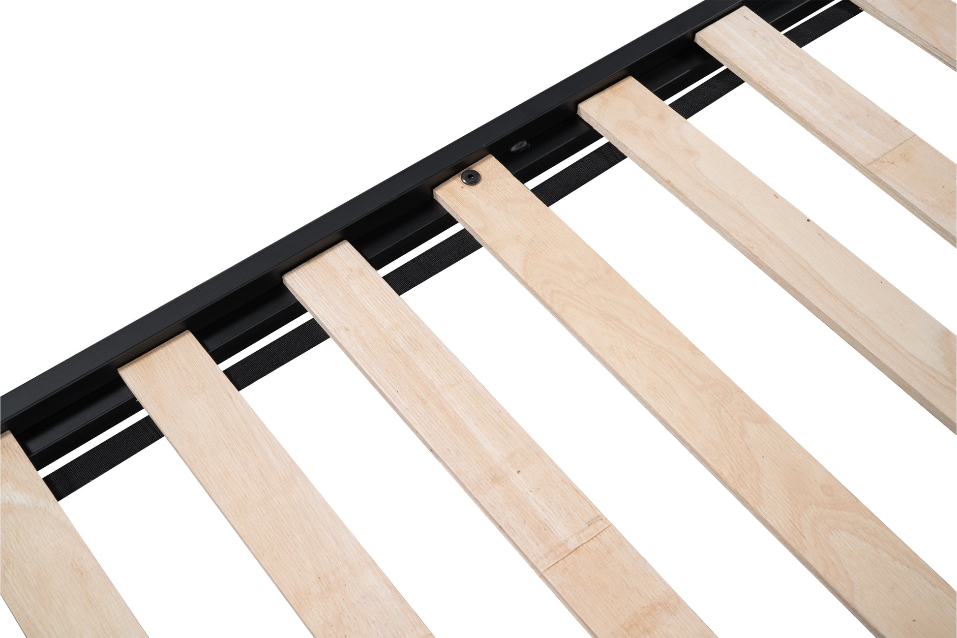 Black metal bed frame with natural wood slats