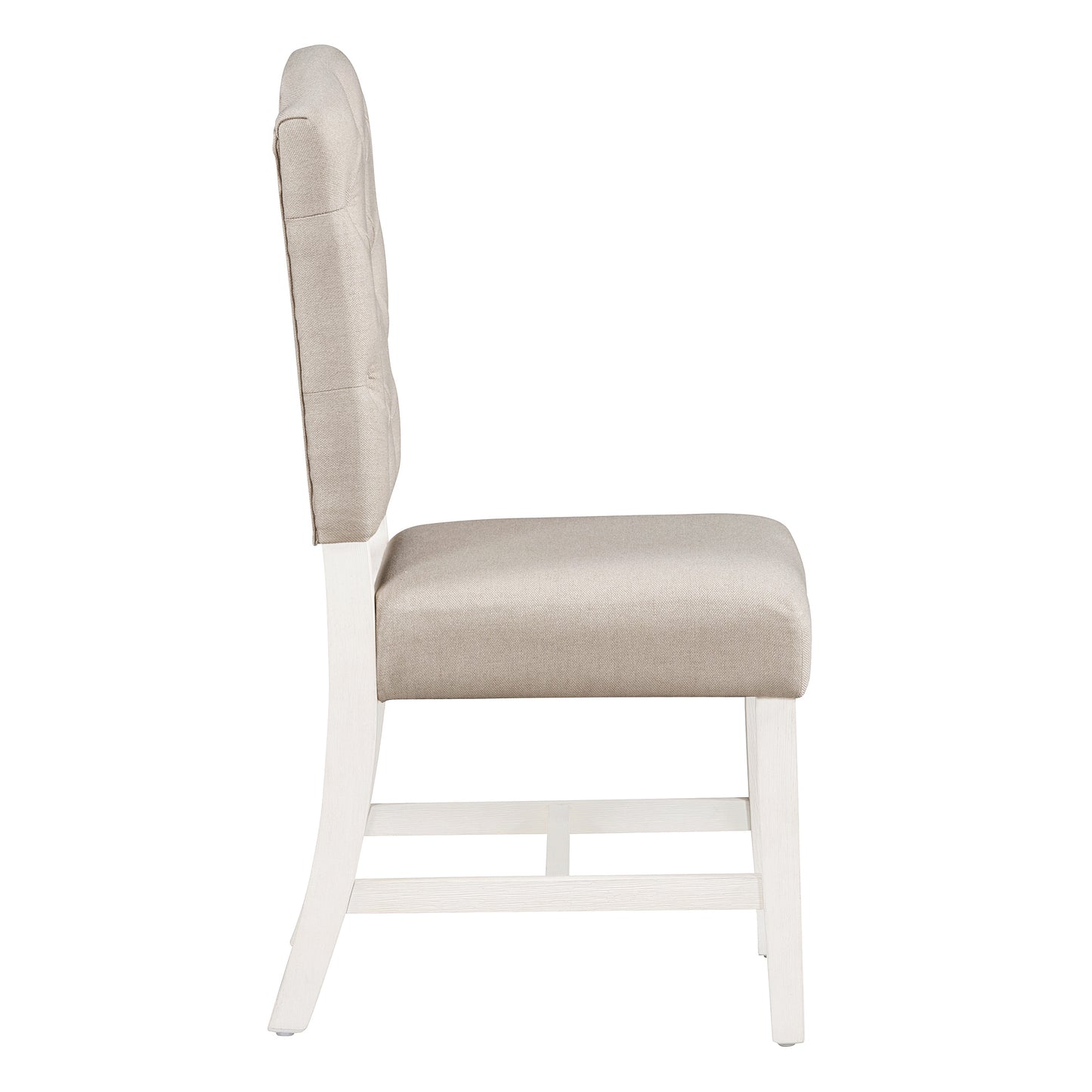 Tufted upholstered dining chair with beige fabric and white wood legs