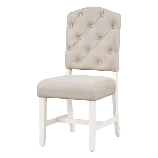 Tufted upholstered dining chair with light beige fabric and white wooden legs