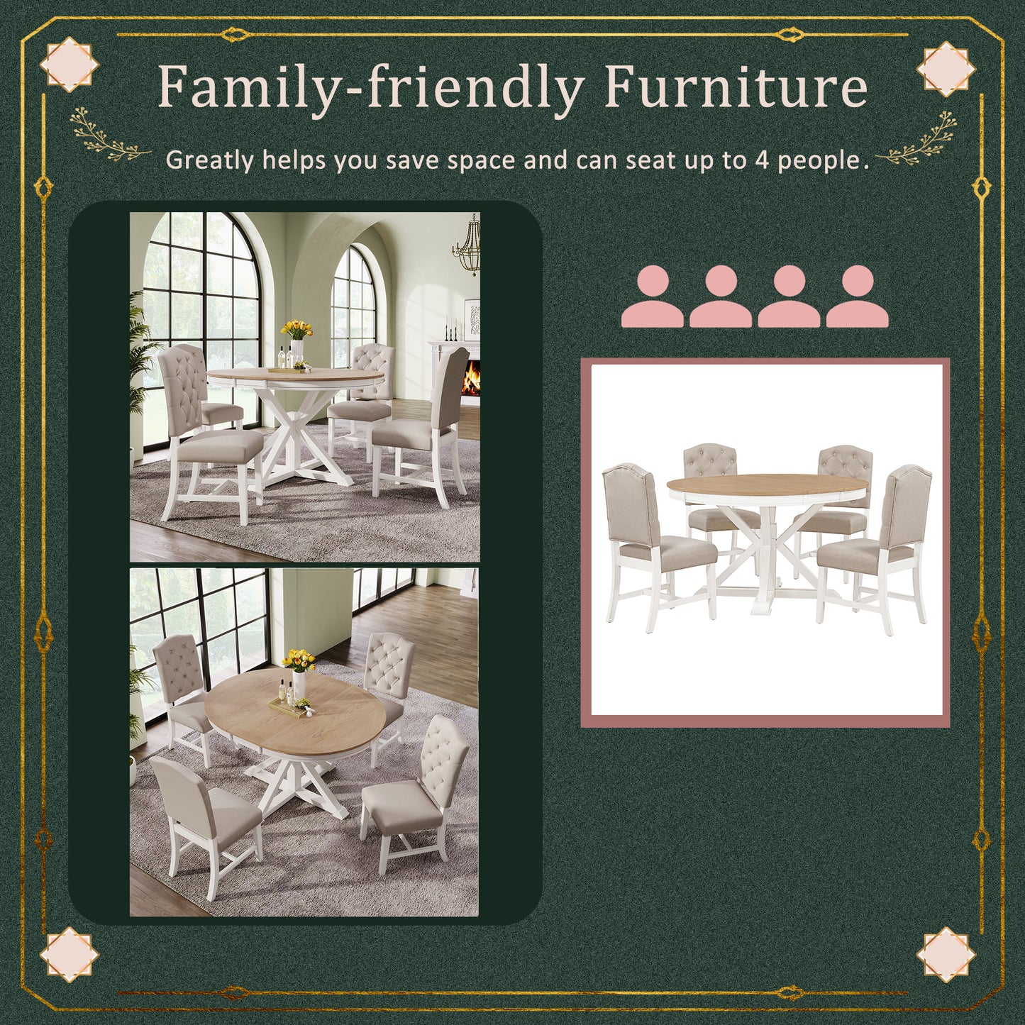 Round dining table with beige upholstered chairs