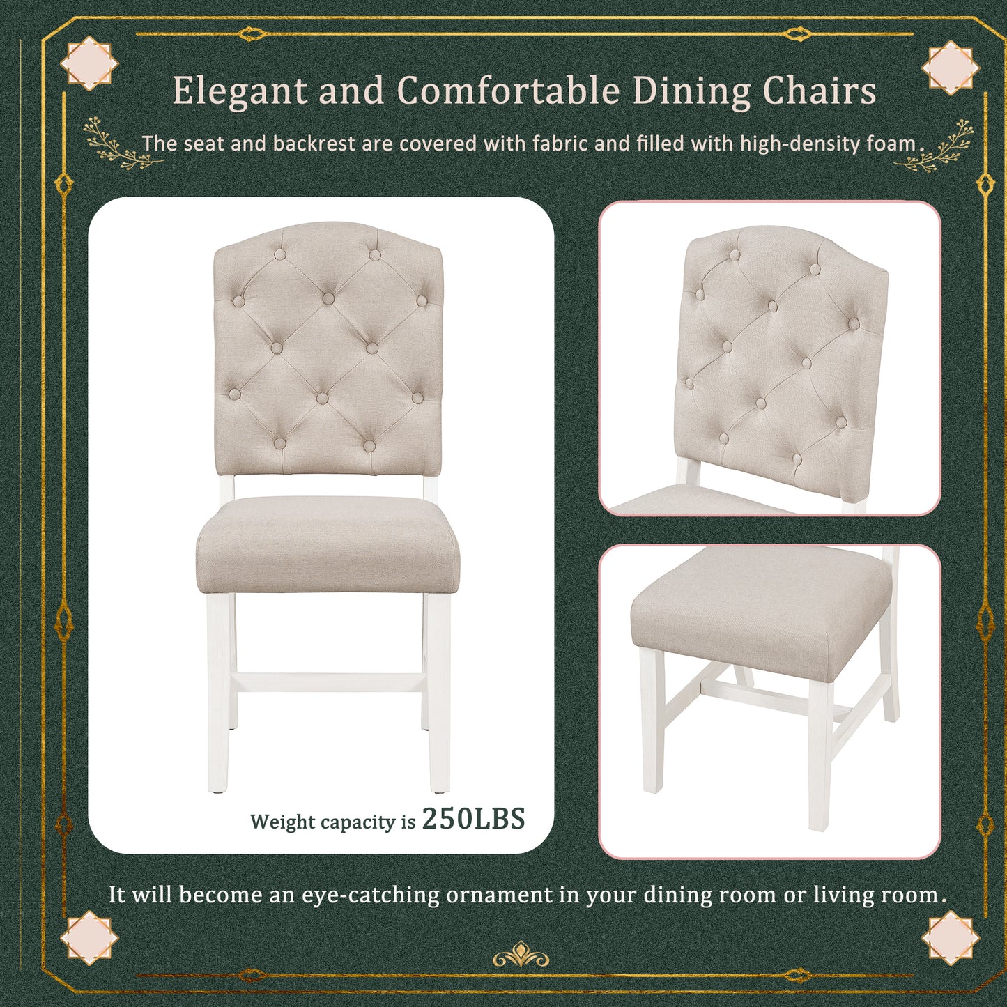 Tufted beige fabric dining chair with white wooden legs and a diamondbuttoned backrest