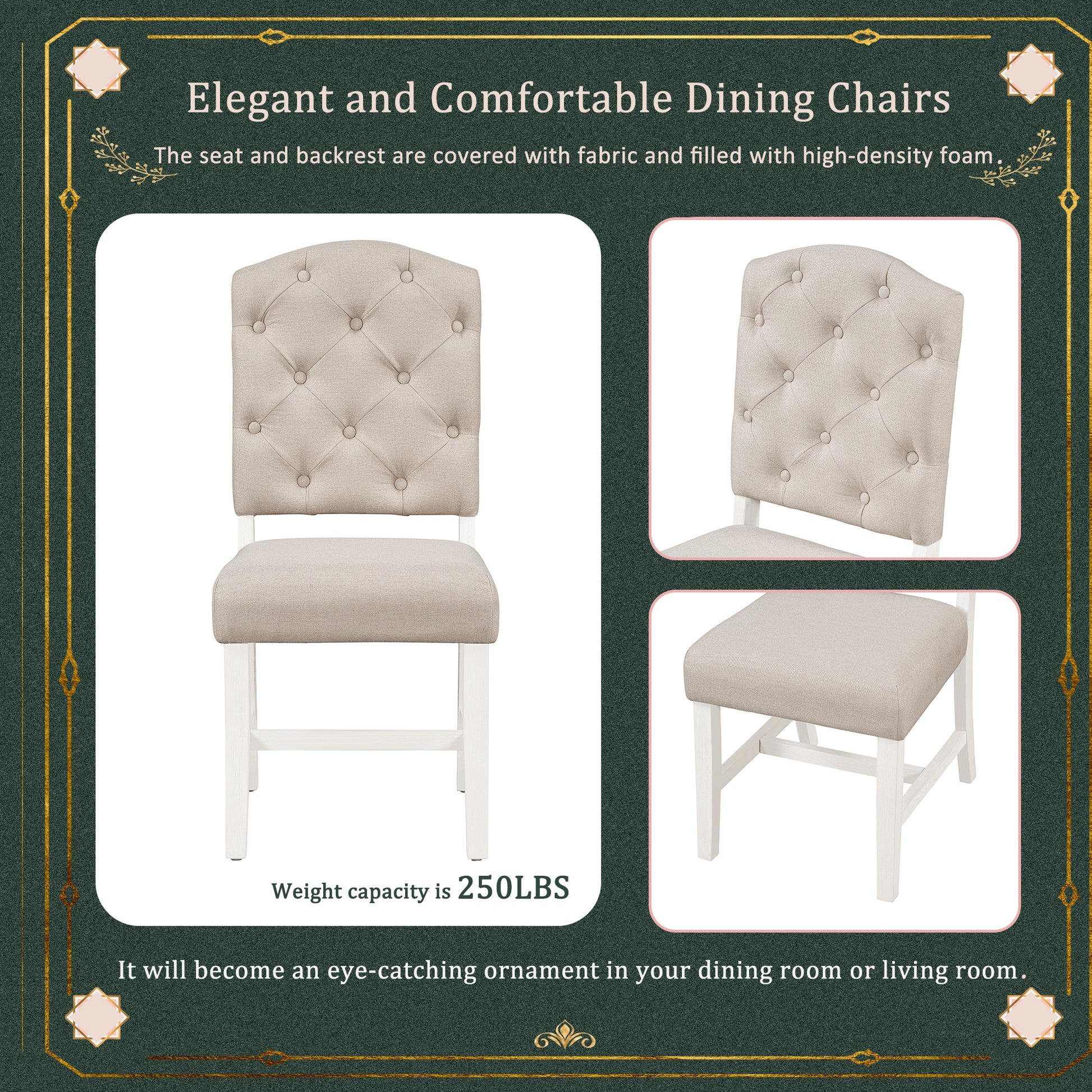 Tufted beige fabric dining chair with white wooden legs and a diamondbuttoned backrest