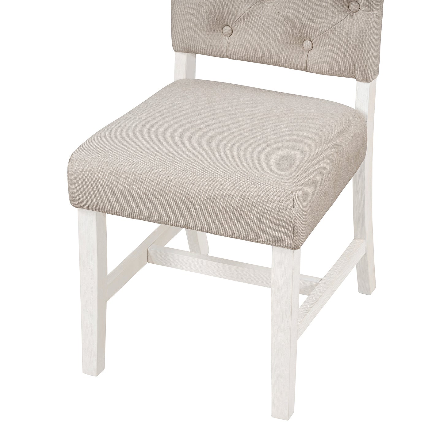 Beige upholstered dining chair with tufted back and white wooden legs