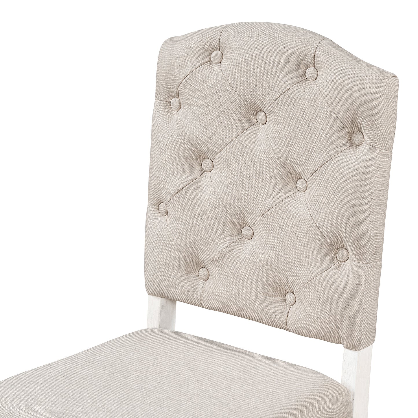 Beige upholstered dining chair with diamond tufting on back