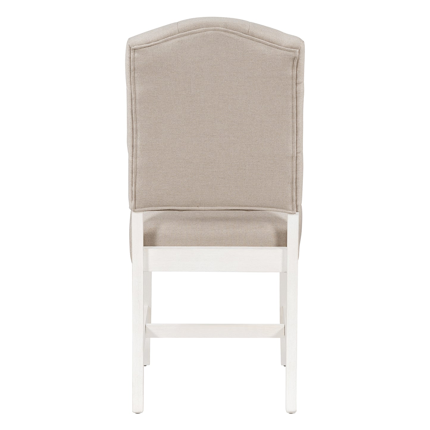 Tufted beige linen counter stool with white wood base and backrest