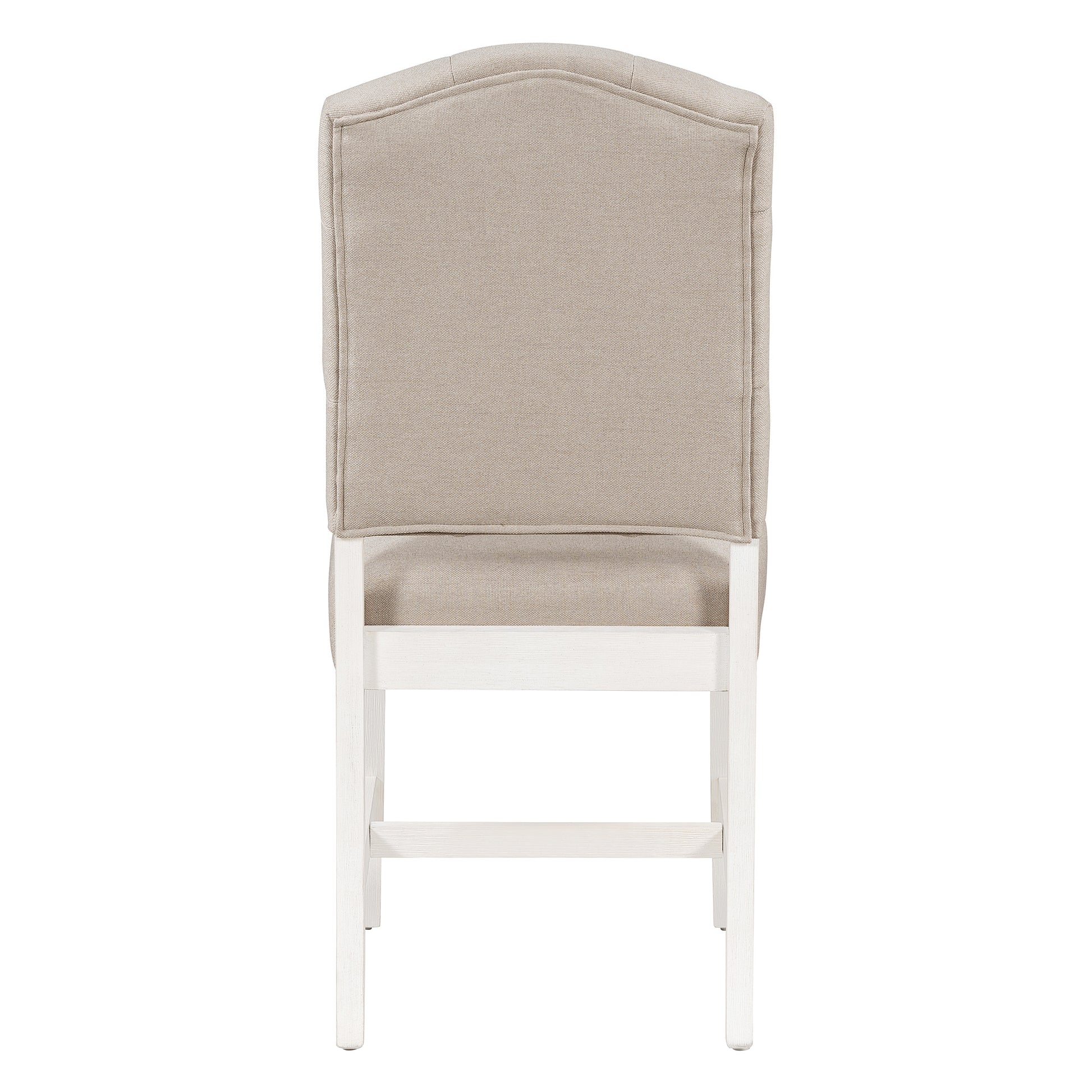 Tufted beige linen counter stool with white wood base and backrest