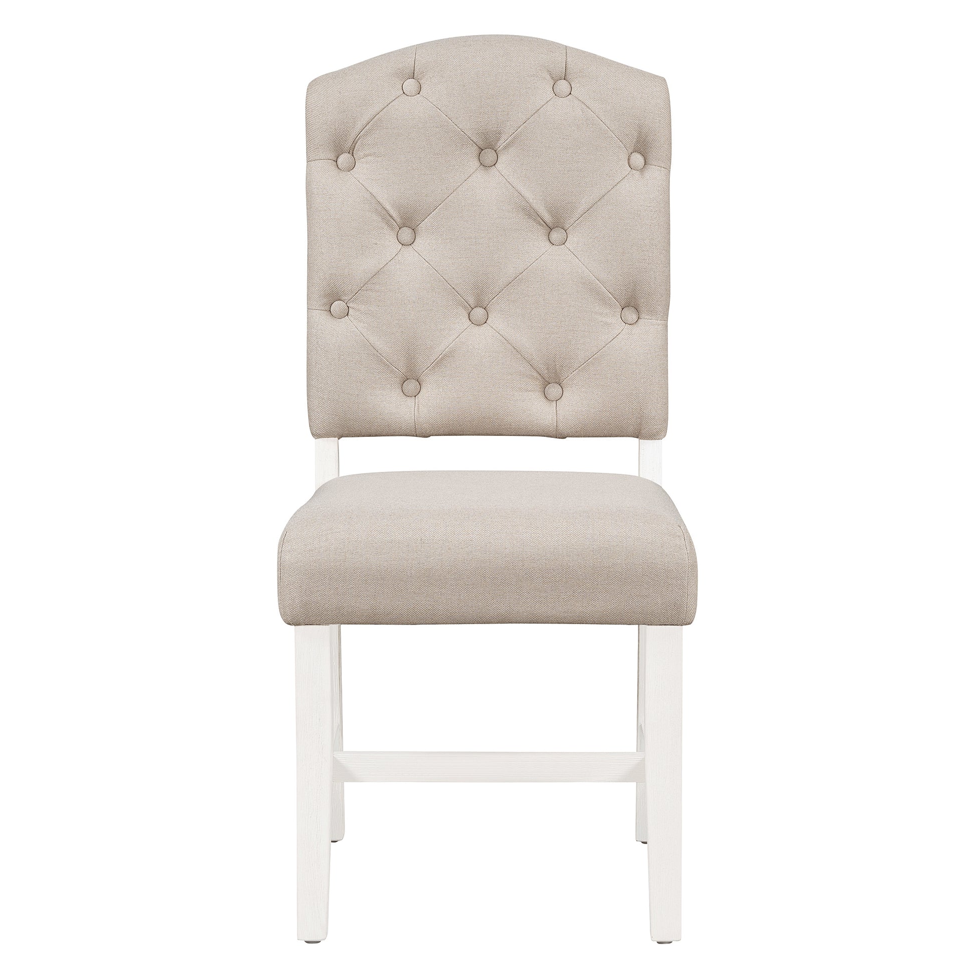 Tufted linen dining chair in natural beige with curved back and white wooden legs