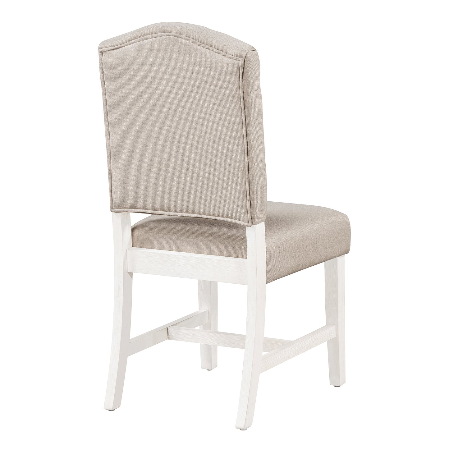 Beige upholstered dining chair with white wooden legs